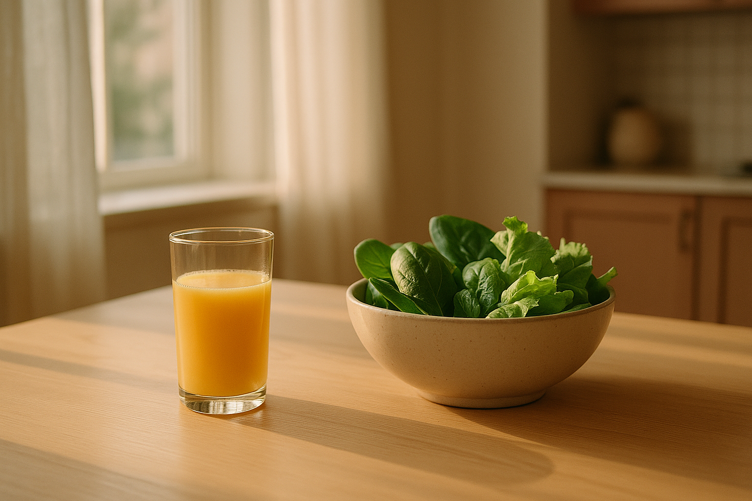 Escena matinal en cocina mexicana con luz natural suave. Mesa de madera clara con un vaso de jugo fresco de naranja, hojas verdes frondosas y vegetales nutritivos, iluminados por el sol de la mañana que entra por la ventana. Composición editorial cálida que evoca bienestar, energía vital y alimentación saludable para la salud reproductiva y el ánimo.
