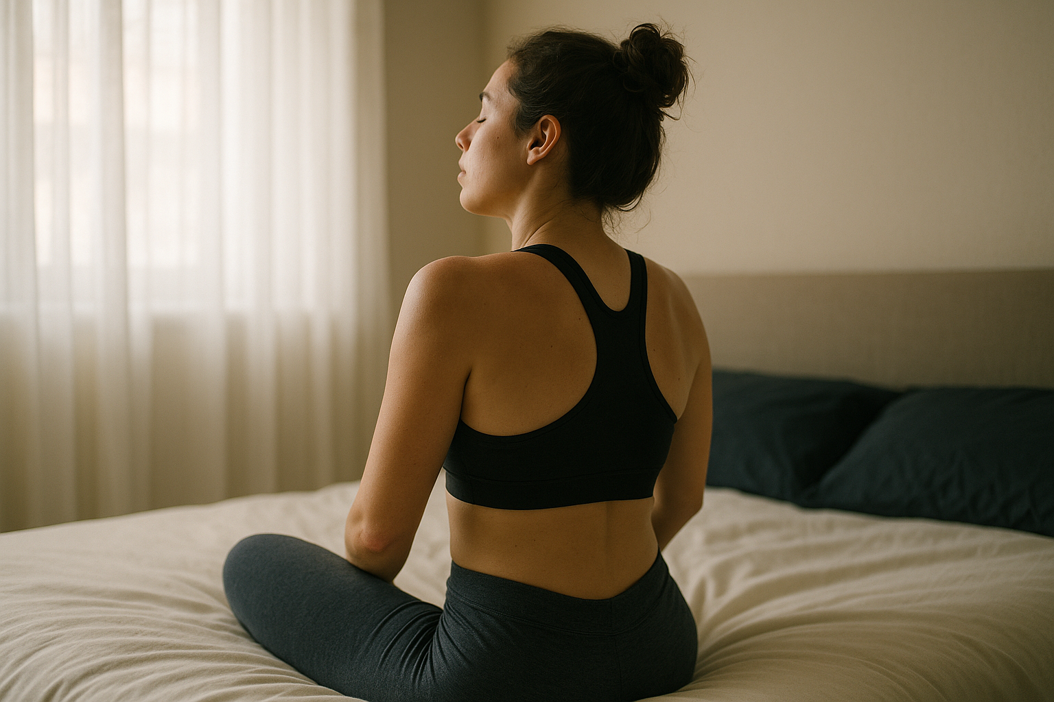 Una mujer descansa en la cama después del ejercicio, de espaldas a la cámara, bajo luz natural matutina que se filtra por cortinas translúcidas. Su respiración es profunda y su cuerpo se relaja. La habitación tiene tonos crema y azul marino. Fotografía editorial de bienestar, enfoque suave, luz natural auténtica, sin manos en primer plano. Captura el momento de recuperación del cuerpo después del esfuerzo físico, representando el ácido láctico y la oxigenación tisular.