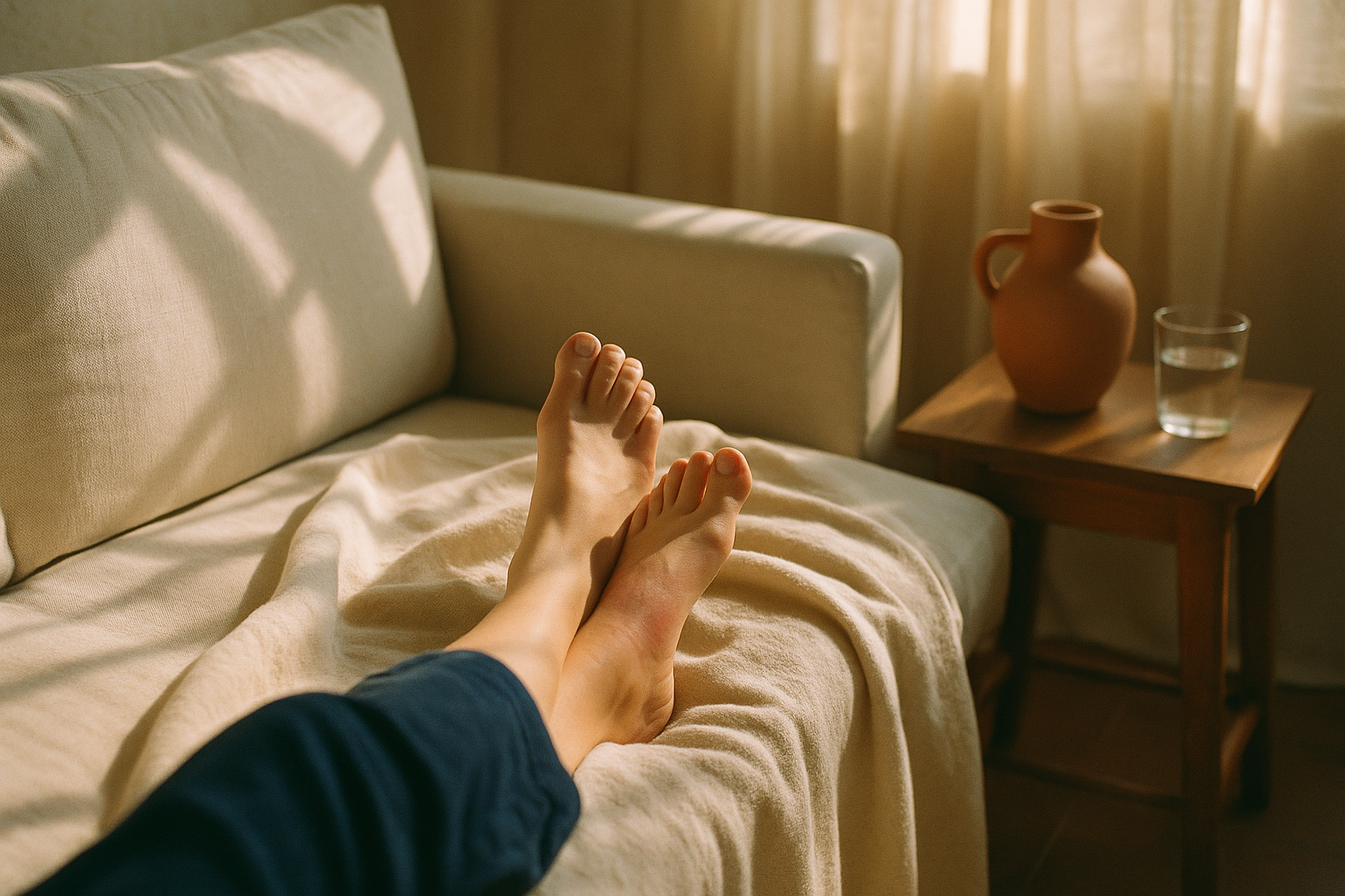 Fotografía editorial de bienestar que muestra a una persona descansando en un sofá por la mañana con los pies apoyados sobre una manta crema, con visible hinchazón e inflamación en uno de los pies, luz natural suave de ventana que crea sombras cálidas, ambiente hogareño mexicano minimalista con una maceta de cerámica terracota y un vaso de agua sobre una mesa de madera, composición serena que ilustra los síntomas silenciosos del ácido úrico elevado