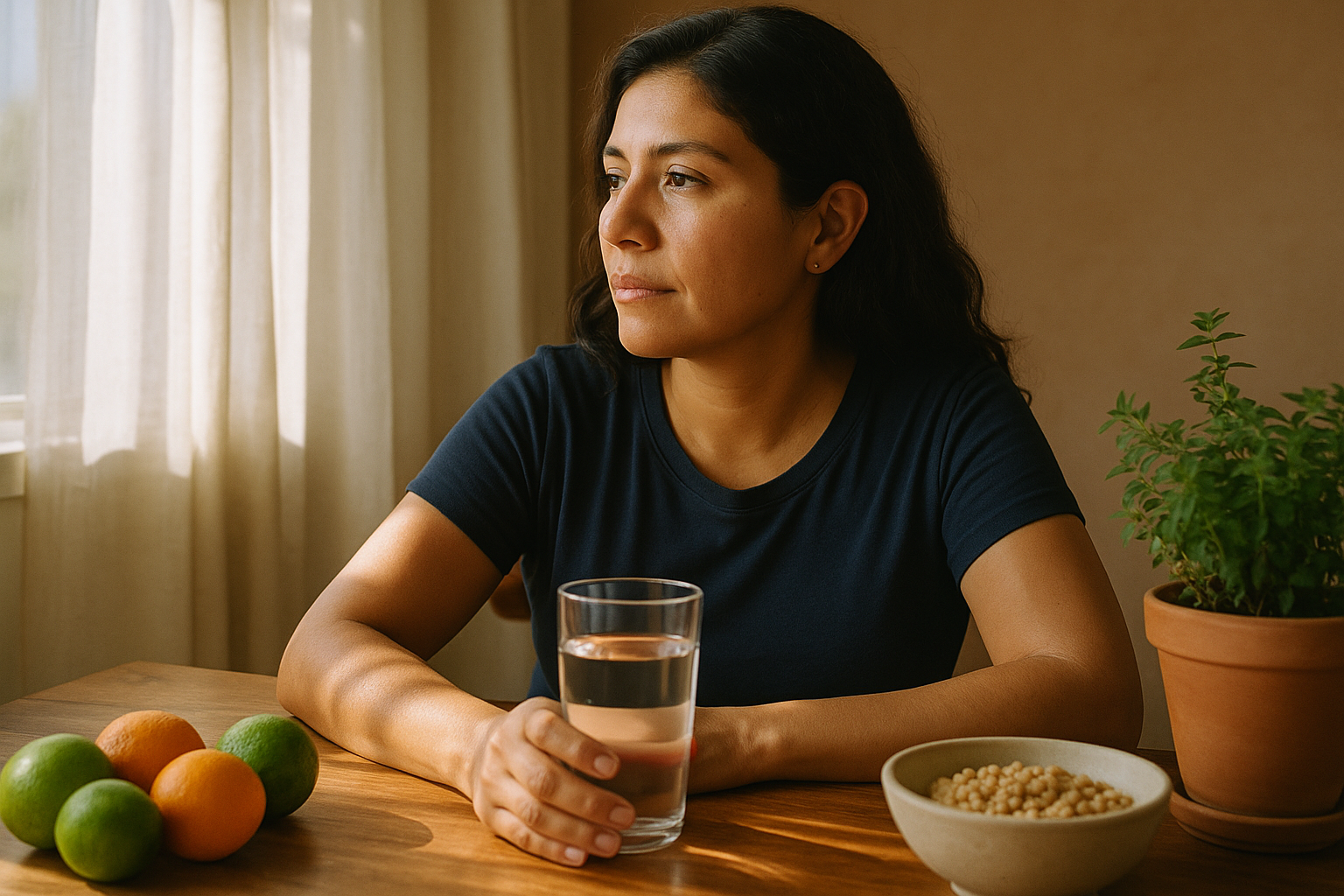 Mujer mexicana preparando una ensalada en la cocina de su casa con luz de mañana