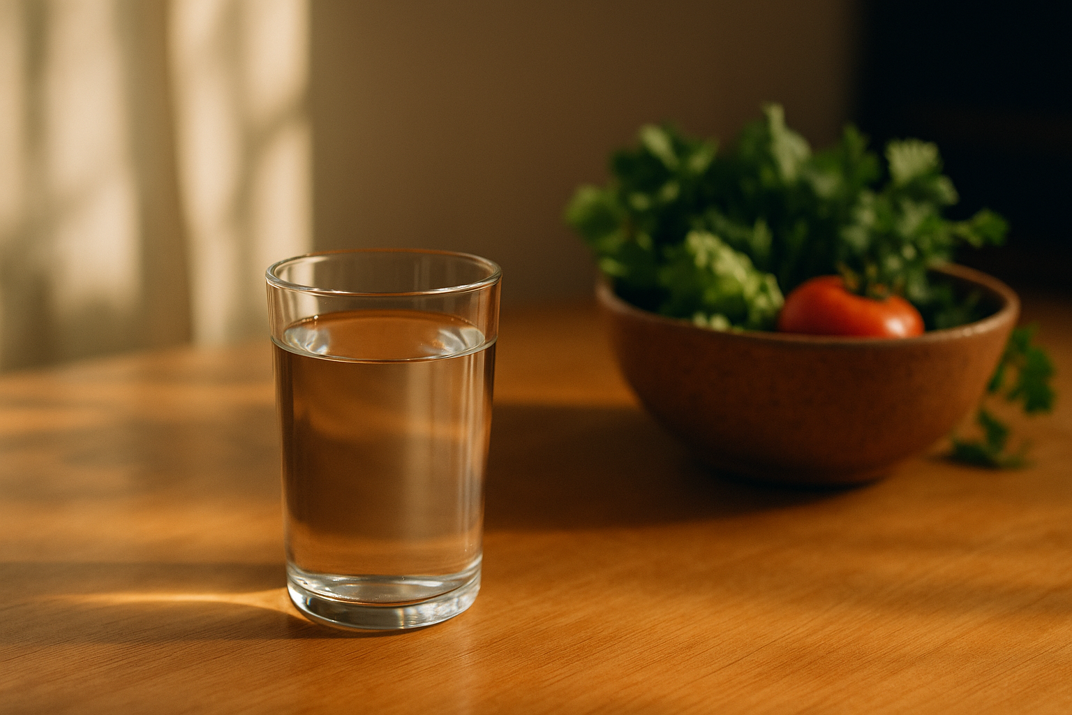 Fotografía editorial de una escena matutina tranquila: un vaso de agua cristalina sobre una mesa de madera cálida, iluminado por la luz natural del amanecer, con sombras suaves. Al fondo desenfocado, un cuenco de cerámica con verduras y hierbas frescas que sugieren bienestar. Composición con profundidad de campo reducida, estética cálida con tonos crema, navy y terracota. Luz matutina natural que refleja el trabajo armónico del cuerpo para mantener el equilibrio de líquidos.