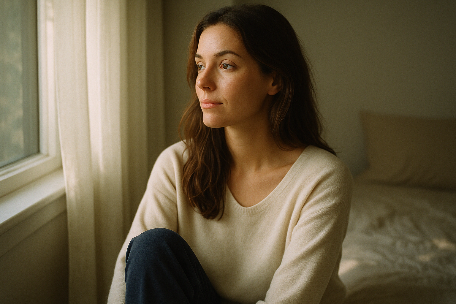 Mujer mexicana en una habitación luminosa de mañana, sentada junto a la ventana con expresión reflexiva y esperanzadora, luz natural suave, tonos crema y azul marino, ambiente tranquilo de bienestar, foto editorial realista enfocada en fertilidad y esperanza reproductiva