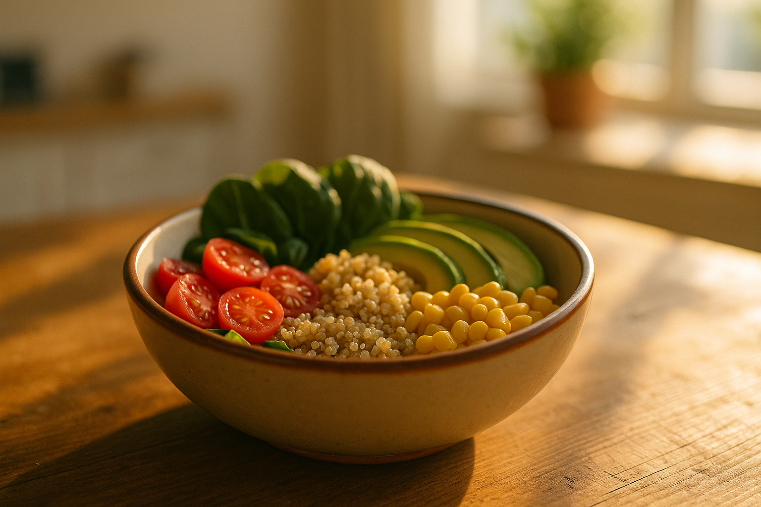 Escena de bienestar digestivo: mesa de madera clara con luz matinal cálida, tazón de cerámica con verduras frescas y granos integrales, fondo desenfocado de cocina acogedora, tonos terracota y crema típicos del hogar mexicano, fotografía editorial de salud, sin personas ni logos