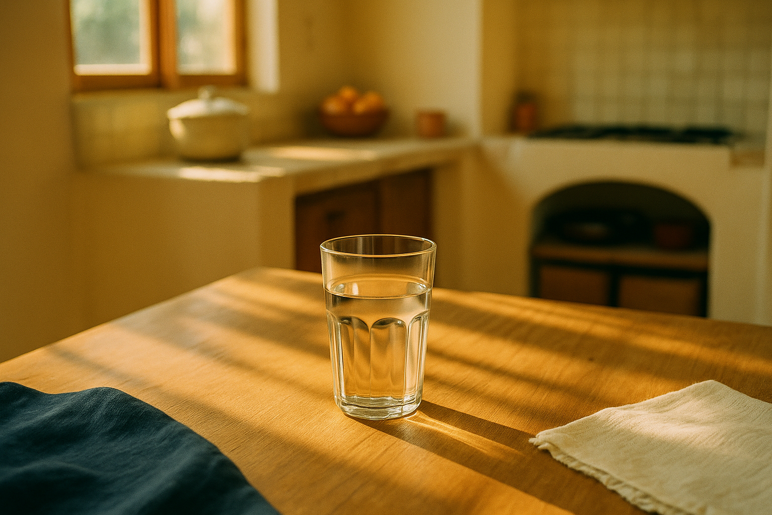 Escena matutina en cocina mexicana cálida: vaso de agua cristalina sobre mesa de madera natural, luz dorada natural que entra por la ventana, fondo desenfocado con azulejos terracota y paredes color crema, trapos de lino navy y crema, composición serena que transmite bienestar y función hepática saludable