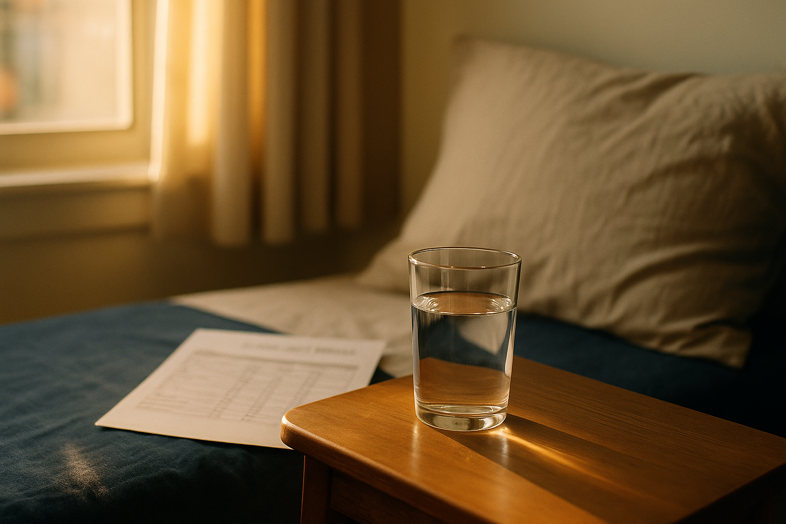 Luz natural de la mañana iluminando una mesita de noche de madera con un vaso de agua, reporte de análisis de sangre desenfocado de fondo, atmósfera tranquila y serena, paleta de tonos crema y azul marino con detalles en terracota, escena editorial de bienestar hogareño mexicano