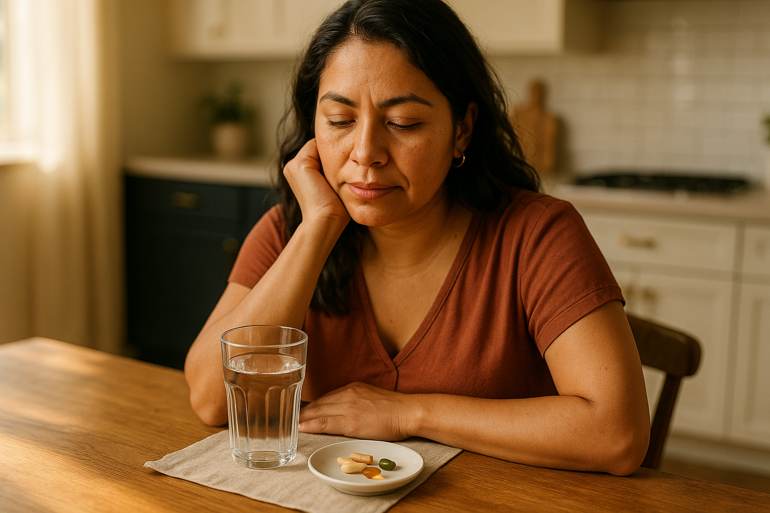 Mujer mexicana sentada en mesa de madera rústica bajo luz natural de mañana, junto a vaso de agua y plantas medicinales, en cocina acogedora con tonos crema y navy, fotografía editorial de bienestar sin texto ni logos