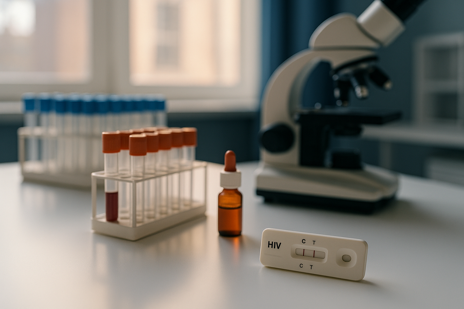 Escena de laboratorio médico mexicano con materiales de prueba de VIH de cuarta generación sobre una superficie blanca, iluminada por luz natural matutina que entra por la ventana de la clínica, paleta de colores en crema, navy y terracota, fotografía editorial de diagnóstico preciso y cuidado sanitario