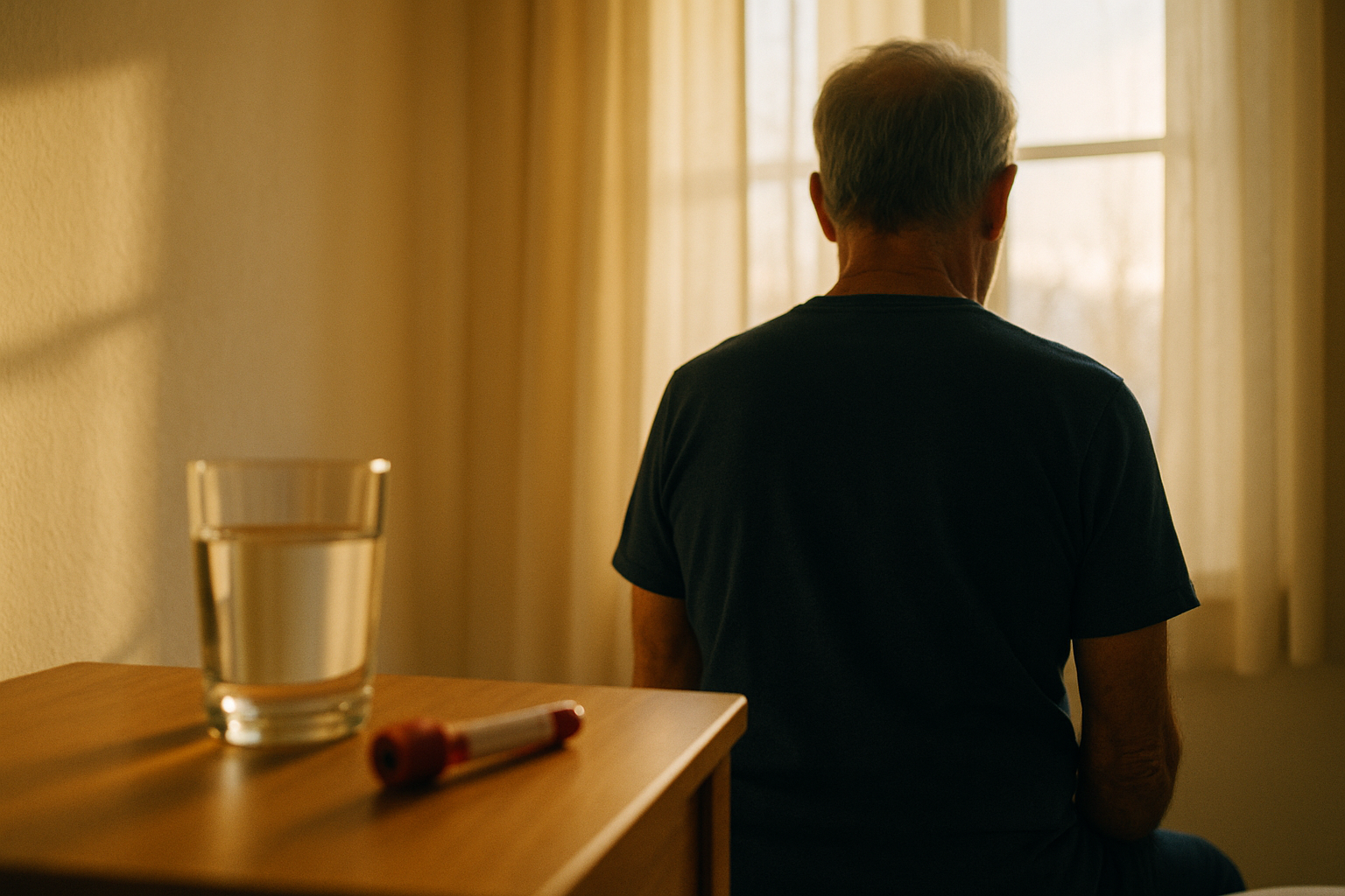 Hombre mexicano de mediana edad de espaldas junto a una ventana con luz natural matutina, con un vaso de agua y un tubo de análisis de sangre sobre una mesilla de madera rústica, composición editorial cálida que evoca cuidado de la salud y bienestar prostático en la madurez.