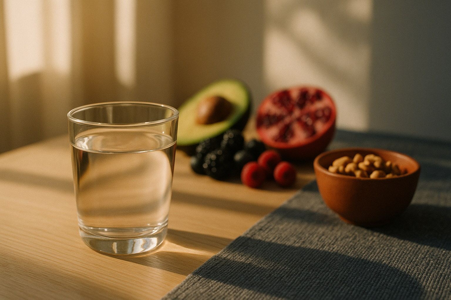 Mesa de madera clara iluminada por la luz natural de la mañana, con un vaso de agua fresca en el centro. Al fondo, frutas frescas mexicanas como aguacate, granadas y berries, junto con nueces esparcidas. Tonos crema, navy y terracota con sombras suaves. Composición editorial de bienestar cardiovascular, sin rostros ni manos visibles, reflejando la esencia de colesterol saludable y hábitos de vida equilibrados.