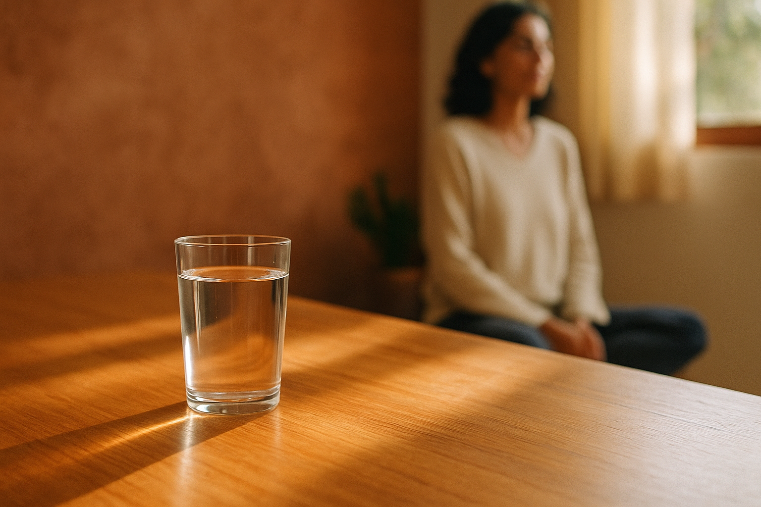 Mesa de madera cálida con vaso de agua cristalina bañado por luz natural matutina, composición editorial de bienestar con tonos terracota y crema, figura desenfocada al fondo en actitud de calma y salud preventiva