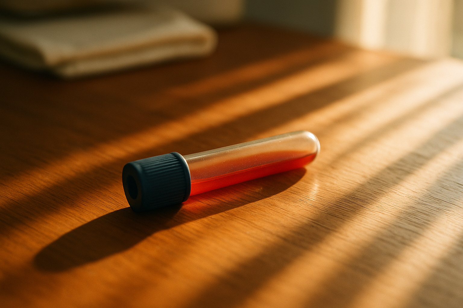 Fotografía editorial realista de una muestra de sangre o portaobjetos de microscopio con luz natural matutina que penetra suavemente sobre una mesa de madera cálida, capturando la idea de una infección pasada dejada por estreptococo, sin personas visibles, estética médica humana y accesible