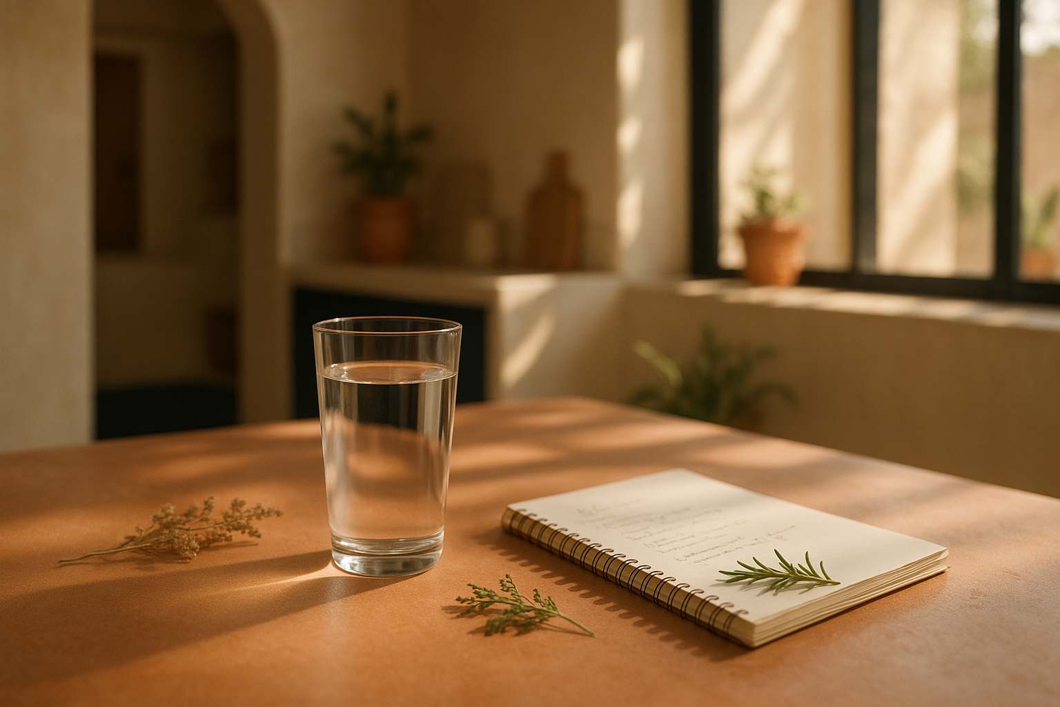 Mesa de madera terracota en una cocina mexicana minimalista, con un vaso de agua cristalina bajo luz natural de mañana. Paredes crema con detalles en azul marino. Luz suave y direccional crea sombras tranquilas. Escena de bienestar hogareño que evoca cuidado hepático y salud corporal, sin rostros ni manos visibles. Estilo editorial de fotografía realista con profundidad de campo suave.