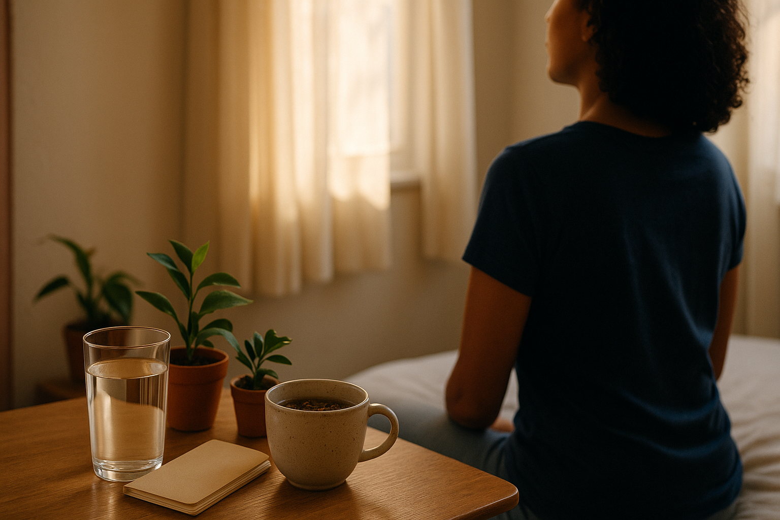 Escena matutina de bienestar en hogar mexicano: luz natural tibia ilumina superficie de madera con vaso de agua clara, té de hierbas y planta verde. Persona de espaldas en posición relajada junto a la ventana. Tonos crema, azul marino y terracota. Composición editorial que transmite calma y cuidado de la salud hepática. Sin clínica fría, ambiente hogareño y auténtico.