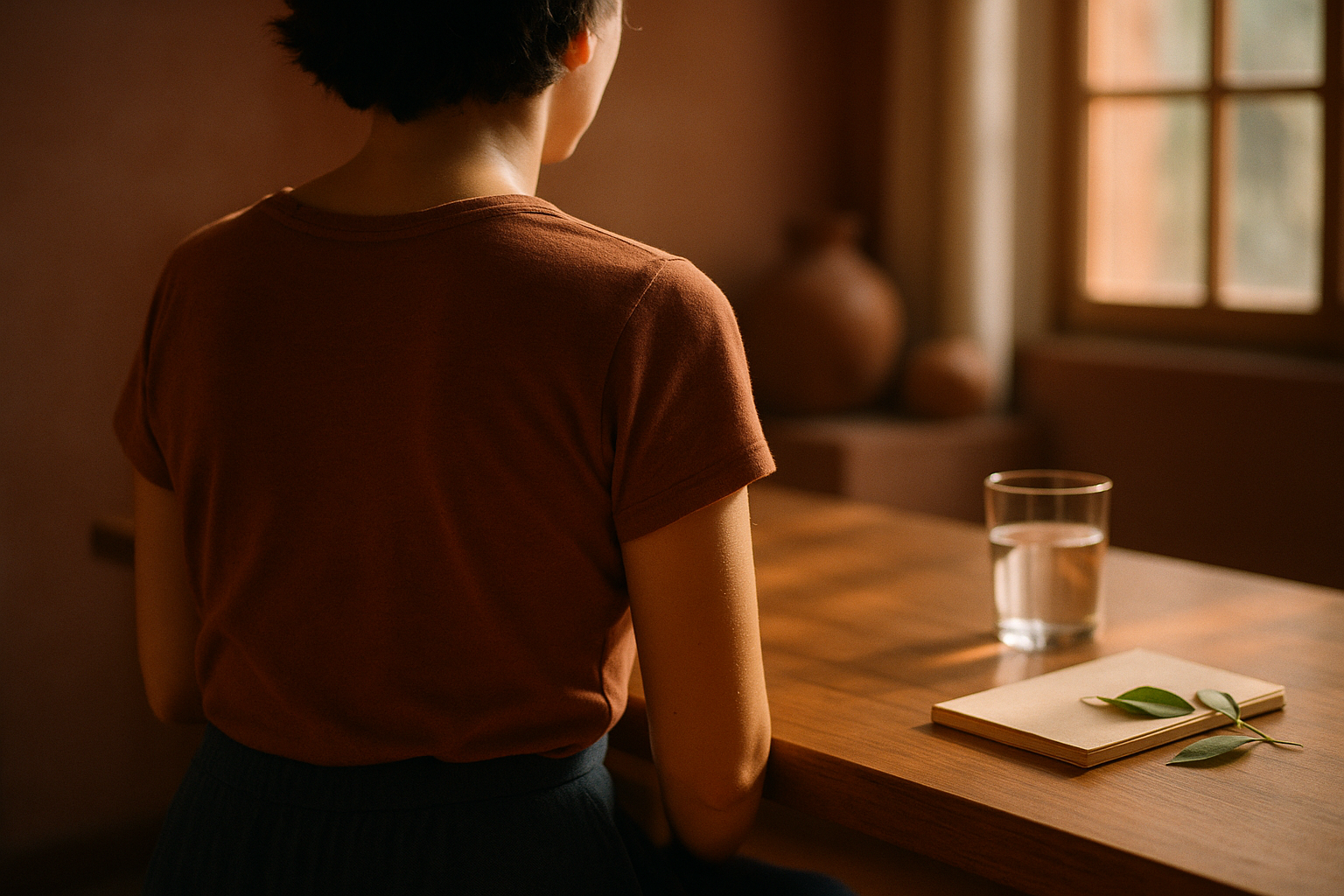 Persona de espaldas sentada en una mesa de madera con luz natural de la mañana, un vaso de agua cristalina al lado, ambiente tranquilo y wellness que evoca el cuidado del corazón. Tonos crema, navy y terracota. Fotografía editorial realista sin texto ni logos, con calidez mexicana y profundidad suave.