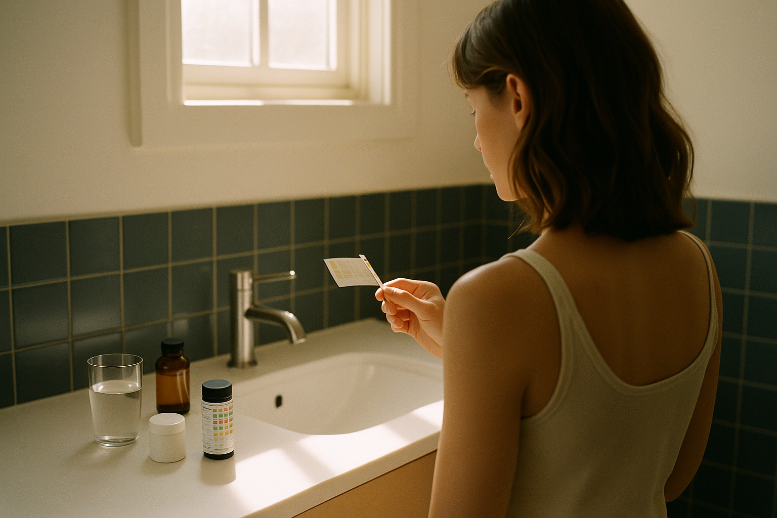 Mujer en el baño por la espalda, con luz natural matutina, observando los resultados de un análisis de orina en la encimera blanca. Escena acogedora y humana sobre infecciones urinarias y salud íntima, con tonos crema y navy, sin manos en primer plano.