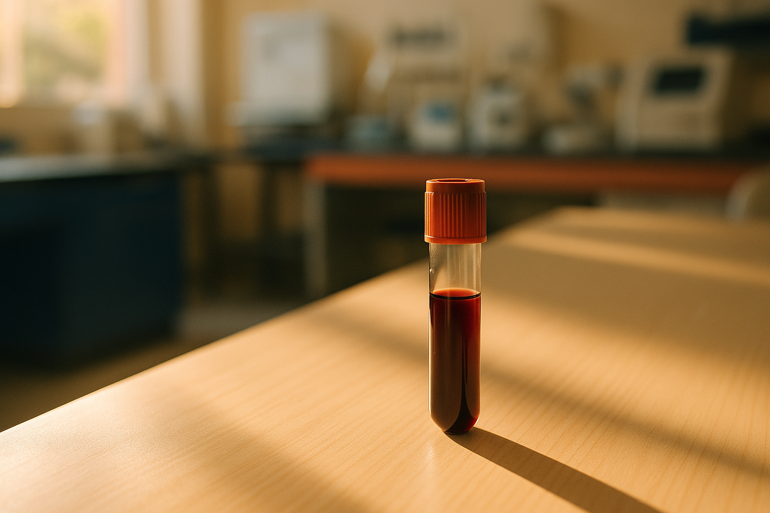 Vial de muestra de sangre sobre escritorio de madera clara iluminado por luz natural matutina, ambiente de laboratorio médico mexicano cálido, con tonos navy y terracota, fotografía editorial de bienestar y salud