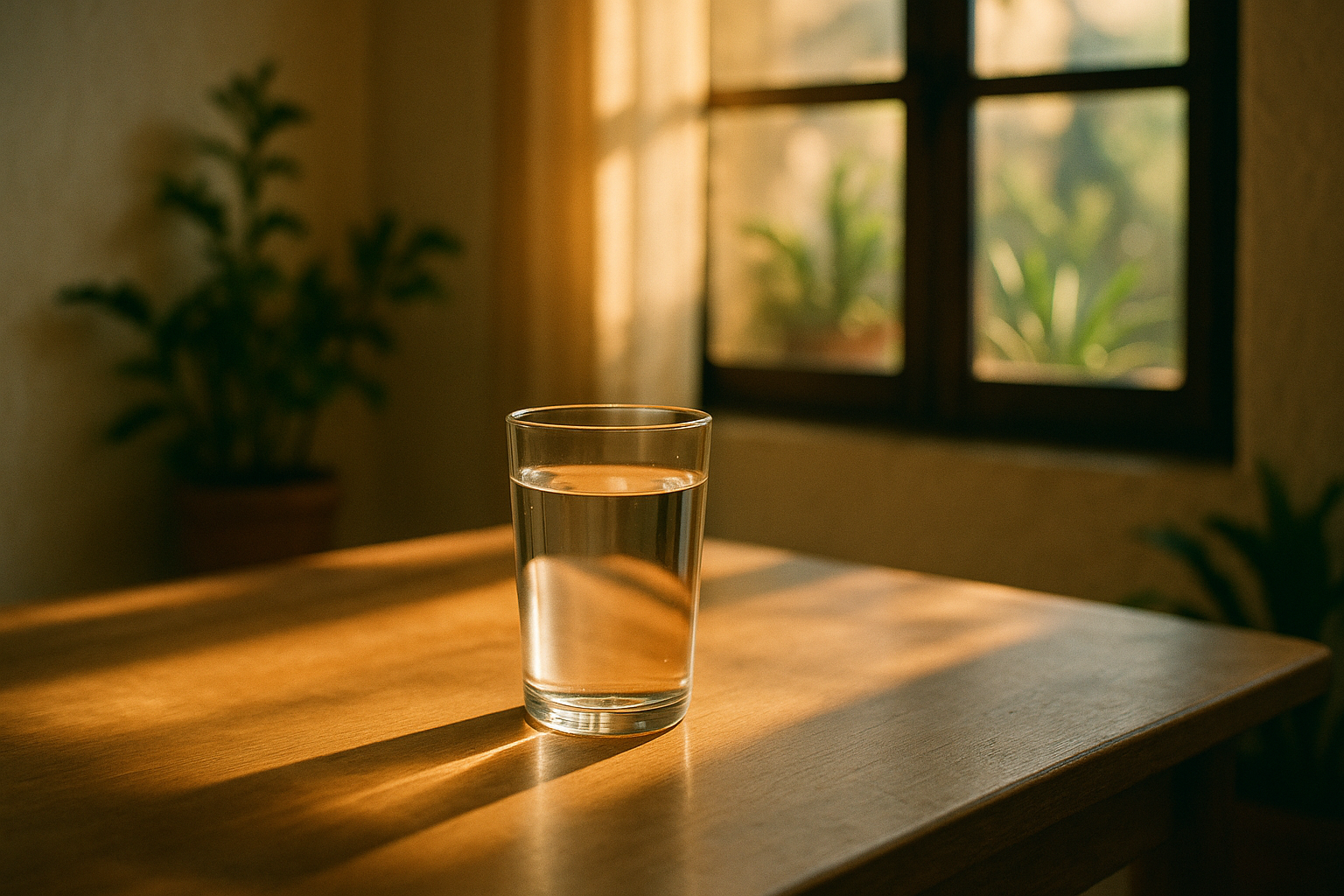 Luz cálida de mañana atravesando una ventana sobre un vaso limpio de agua en mesa de madera, con sombras suaves y plantas verdes desenfocadas al fondo; representa la pureza y claridad del proceso hepático, estética mexicana de bienestar integral