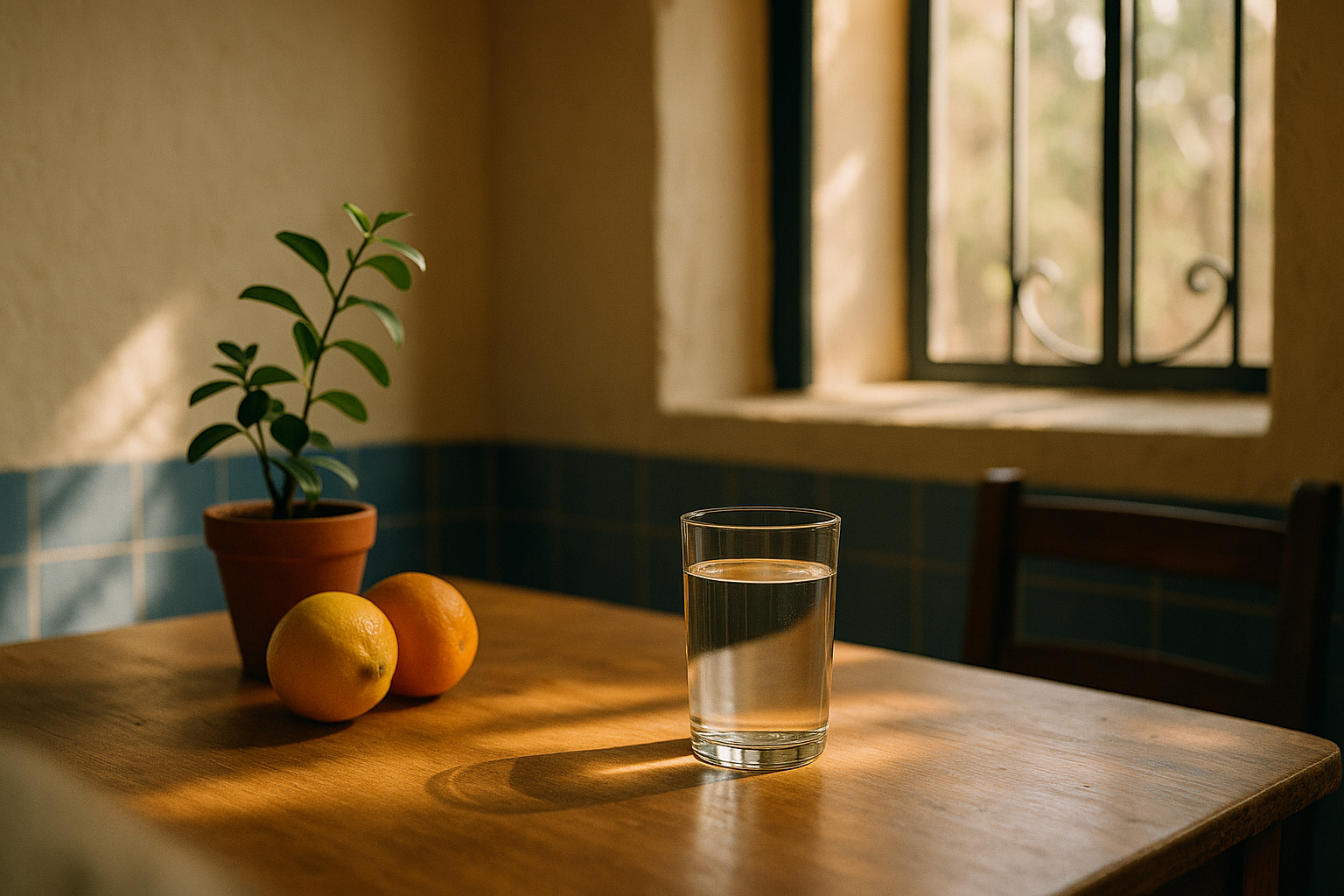 Escena de bienestar matutino en hogar mexicano: mesa de madera clara con vaso de agua cristalina, frutas cítricas frescas y planta verde bajo luz natural de ventana. Tonos cálidos crema y azul marino, sombras suaves y composición editorial. Representa pureza y renovación hepática sin clínica ni texto