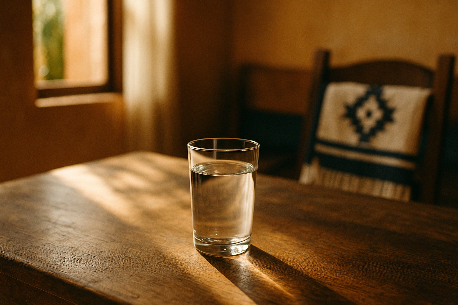 Fotografía editorial realista de una mañana serena en una cocina mexicana: vaso de agua cristalina sobre mesa de madera antigua, bañado por luz natural matutina que crea sombras suaves, con tonos crema y azul marino de fondo desenfocado, capturando la transparencia y claridad del agua pura, sin manos a la vista