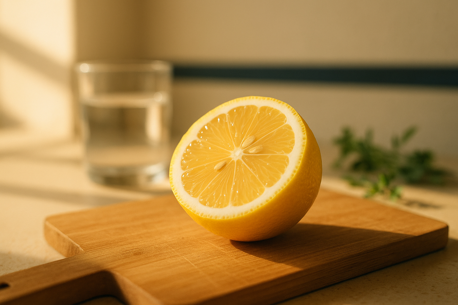 Limón fresco cortado por la mitad sobre una tabla de madera, iluminado con luz natural matutina cálida. La pulpa amarilla del limón en primer plano nítido, sugeriendo bilirrubina y salud hepática. Composición minimalista en tonos crema y navy, con un vaso de agua desenfocado de fondo y hierbas verdes, evocando bienestar y desintoxicación natural, estilo editorial mexicano moderno.