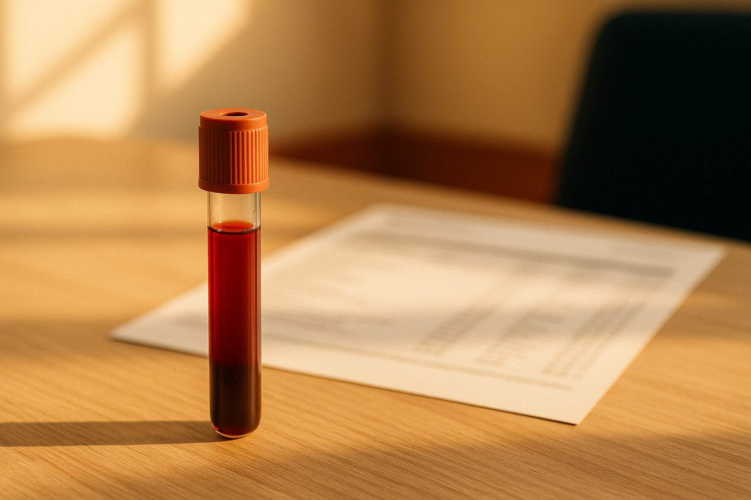 Muestra de sangre en frasco de laboratorio sobre escritorio clínico minimalista, iluminada por luz natural de mañana, con reporte médico desenfocado de fondo, paleta de colores crema, azul marino y tonos tierra típicos del diseño mexicano moderno