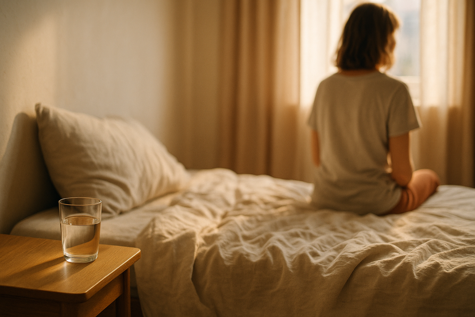 Mujer sentada en la orilla de la cama capturada de espaldas, rodeada de luz natural matutina que filtra por la ventana; vaso de agua sobre buró de madera, sábanas color crema arrugadas, atmósfera tranquila y reflexiva que transmite calma ante la incertidumbre, tonos neutros mexicanos con detalles en azul suave y terracota, fotografía editorial de salud y bienestar con profundidad suave