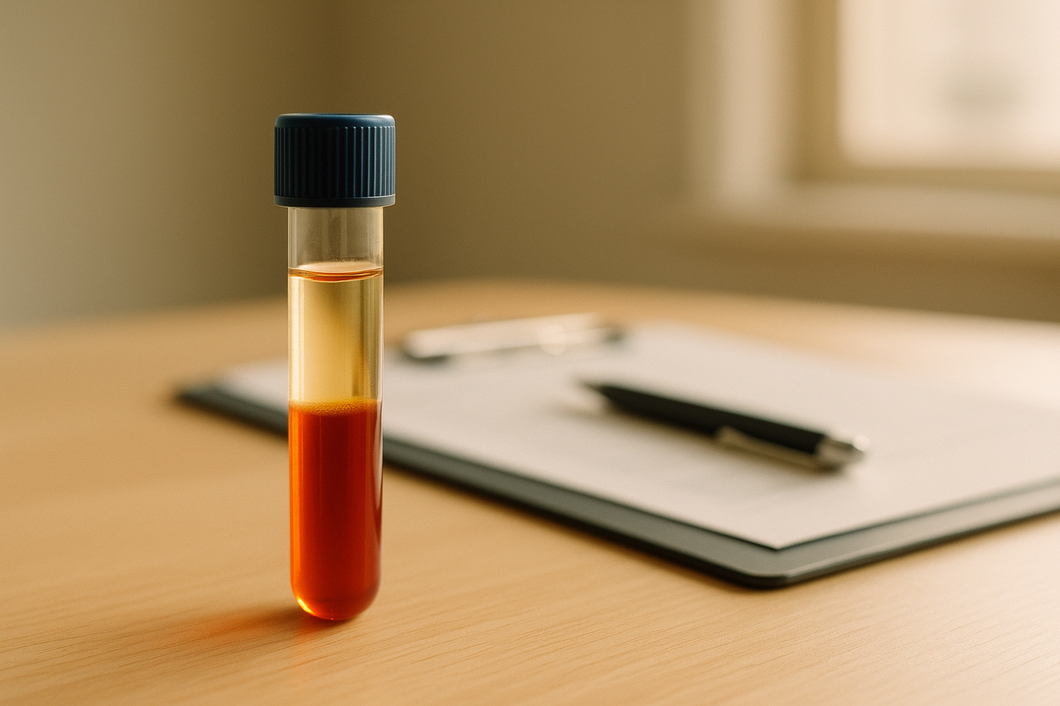 Tubo de laboratorio con muestra de suero bajo luz natural de mañana, sobre escritorio de madera clara, portapapeles médico desenfocado al fondo, paleta de tonos crema y azul marino, fotografía editorial de healthcare mexicana