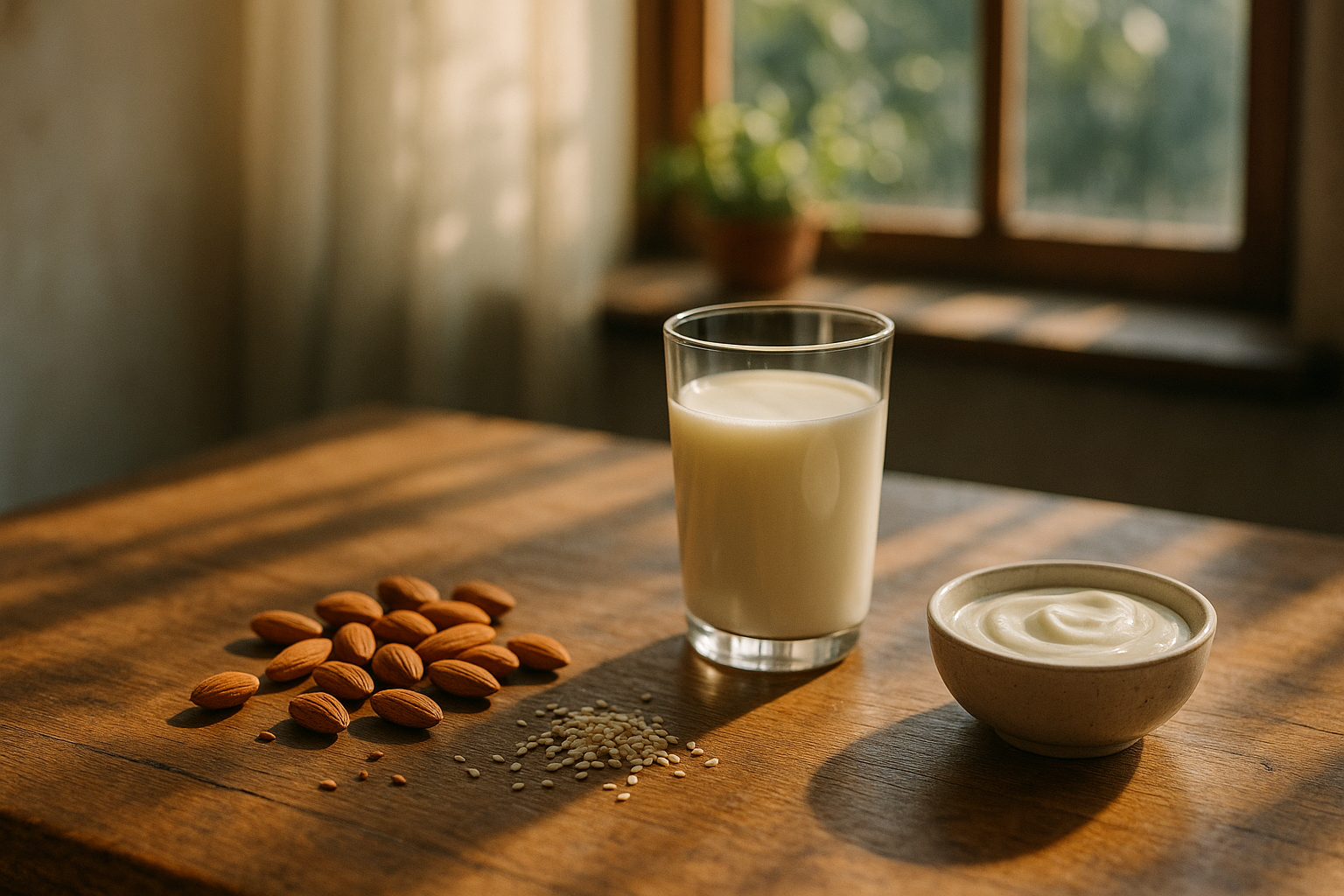 Mesa de madera rústica bañada por luz natural matutina. Vaso de leche fresca, almendras dispersas, semillas de ajonjolí y un cuenco de yogur natural crudo. De fondo desenfocado, plantas verdes en el alféizar. Tonos crema, navy suave y terracota. Fotografía editorial, sin texto, composición hogareña mexicana que celebra los alimentos ricos en calcio.