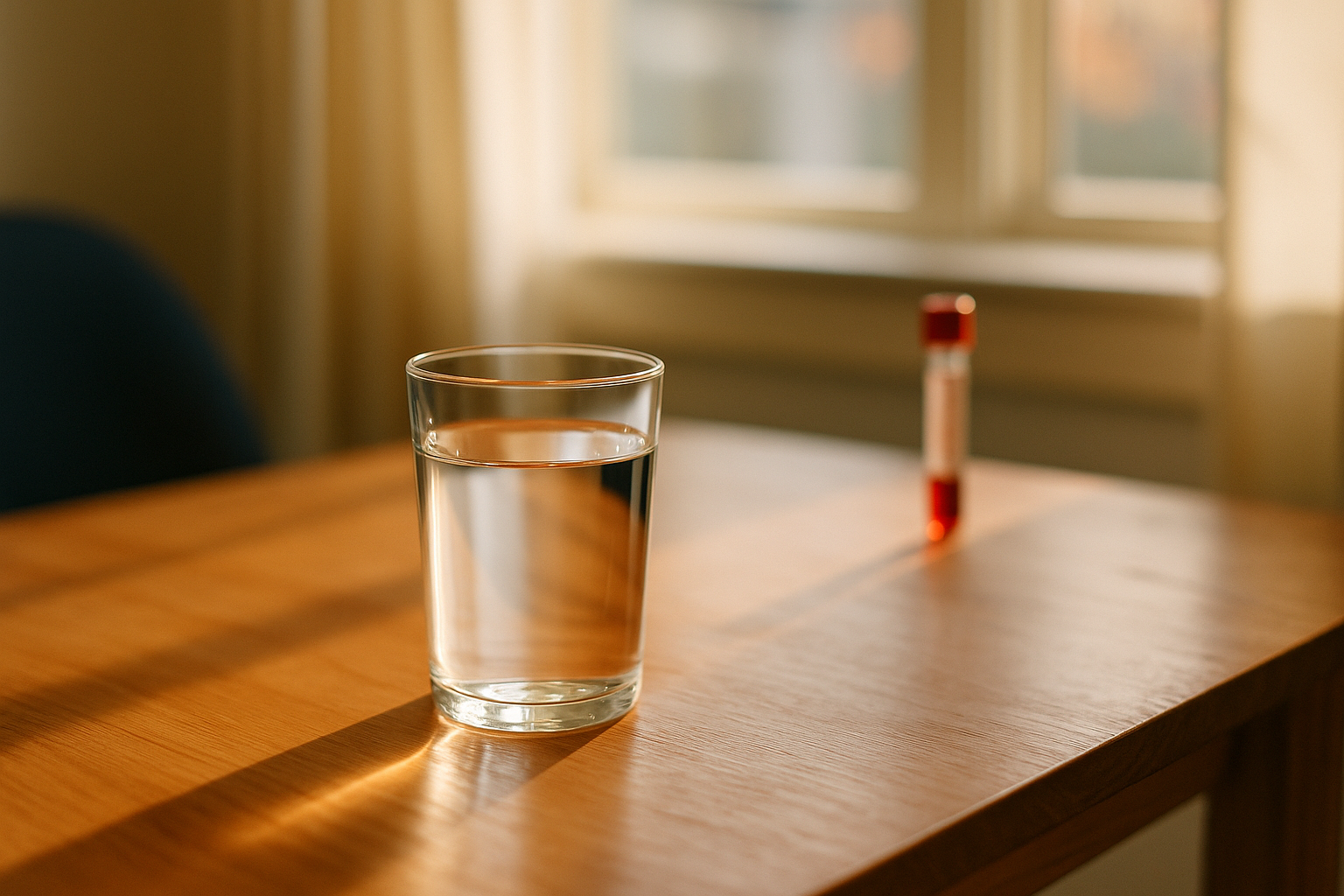 Vaso de agua cristalina sobre mesa de madera cálida bañada por luz natural de mañana, con una muestra de sangre en tubo de vidrio desenfocado al fondo, reflejando el concepto de análisis de hierro disponible en sangre, paleta de tonos crema, azul marino y terracota, fotografía editorial mexicana de bienestar
