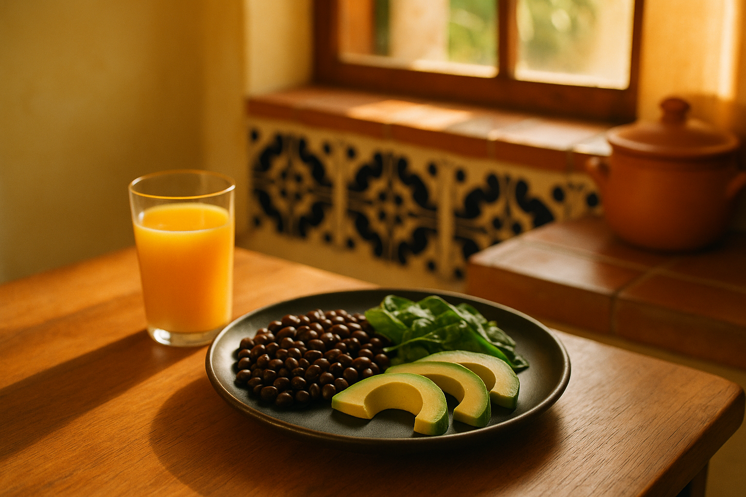 Mesa de comedor mexicana con luz natural de la mañana, mostrando alimentos ricos en hierro como frijoles negros, espinacas y aguacate en un plato de cerámica sobre madera, acompañados de un vaso de jugo de naranja fresco. Composición editorial con profundidad de campo suave, tonos cálidos crema y navy, sin manos visibles, atmósfera de bienestar y nutrición.