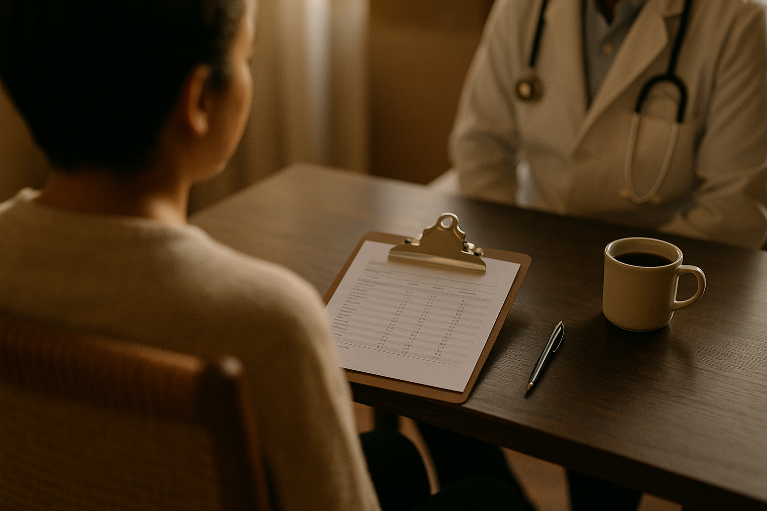 Escena tranquila de consulta médica en la mañana: portapapeles del doctor sobre escritorio de madera oscura con resultados de laboratorio suavemente visibles bajo luz natural cálida de ventana, taza de café y pluma al lado, persona de espaldas sentada mirando resultados, atmósfera serena y profesional con tonos navy, crema y terracota, interiores mexicanos minimalistas con textil tejido, luz dorada de hora de oro desde la izquierda