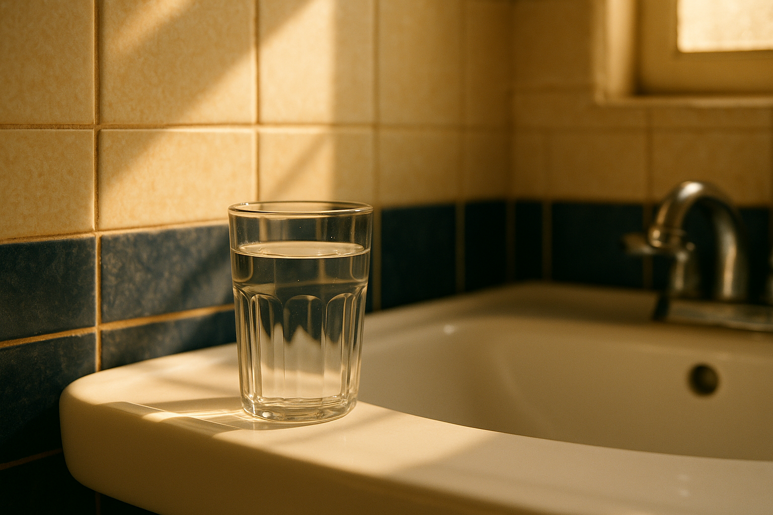 Vidrio transparente con agua fresca sobre un lavamanos blanco en baño mexicano, luz natural matutina que entra por la ventana, composición serena y cotidiana que evoca normalidad y cuidado de la salud en el hogar