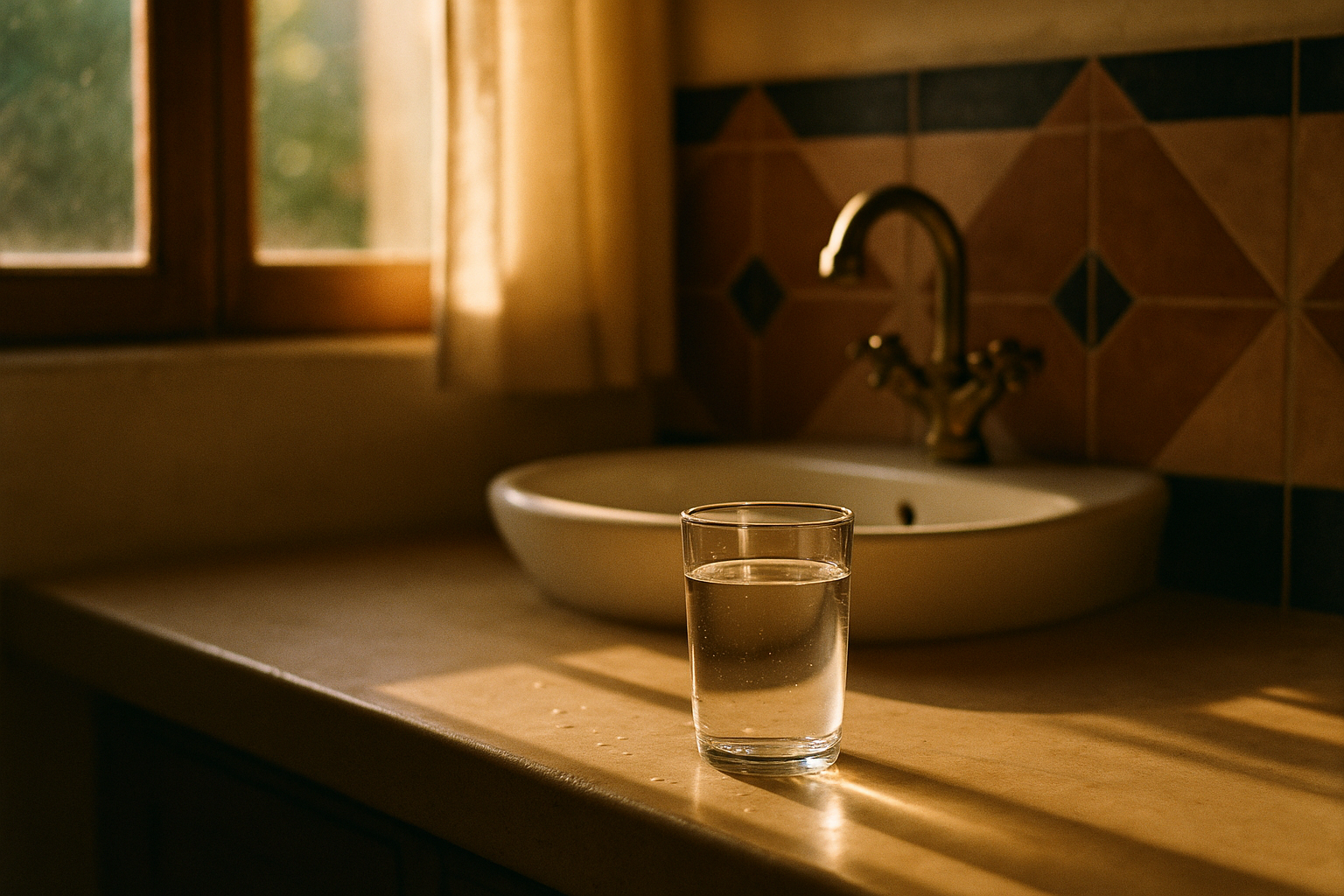 Fotografía editorial realista de un baño mexicano bañado por luz natural de mañana: vaso de agua transparente sobre mosaicos terracota y azul marino, luz suave y cálida entrando por la ventana, composición tranquila y minimalista que transmite seguridad y serenidad, sin personas, enfoque en la claridad y la pureza del agua, paleta de tonos naturales y neutros