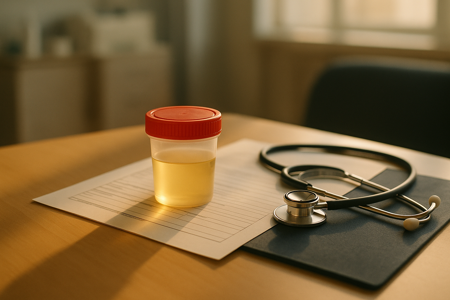 Fotografía editorial de una muestra de orina en vaso transparente sobre mesa clínica de madera, iluminada por luz matutina natural. Alrededor hay documentación médica y un estetoscopio. Tonos cálidos de crema y navy, profundidad de campo reducida, enfoque editorial mexicano sin presencia de personas.