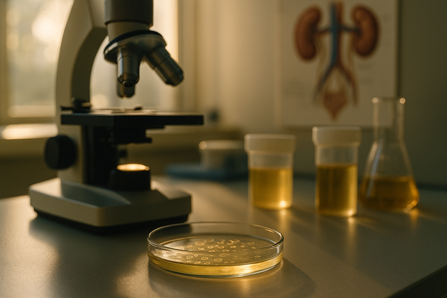 Laboratorio de análisis de orina con luz natural matutina, muestra en placa de Petri bajo enfoque suave, diagrama de riñones desenfocado de fondo, tonos tierra y marino, fotografía editorial de medicina clínica y cuidado renal mexicano