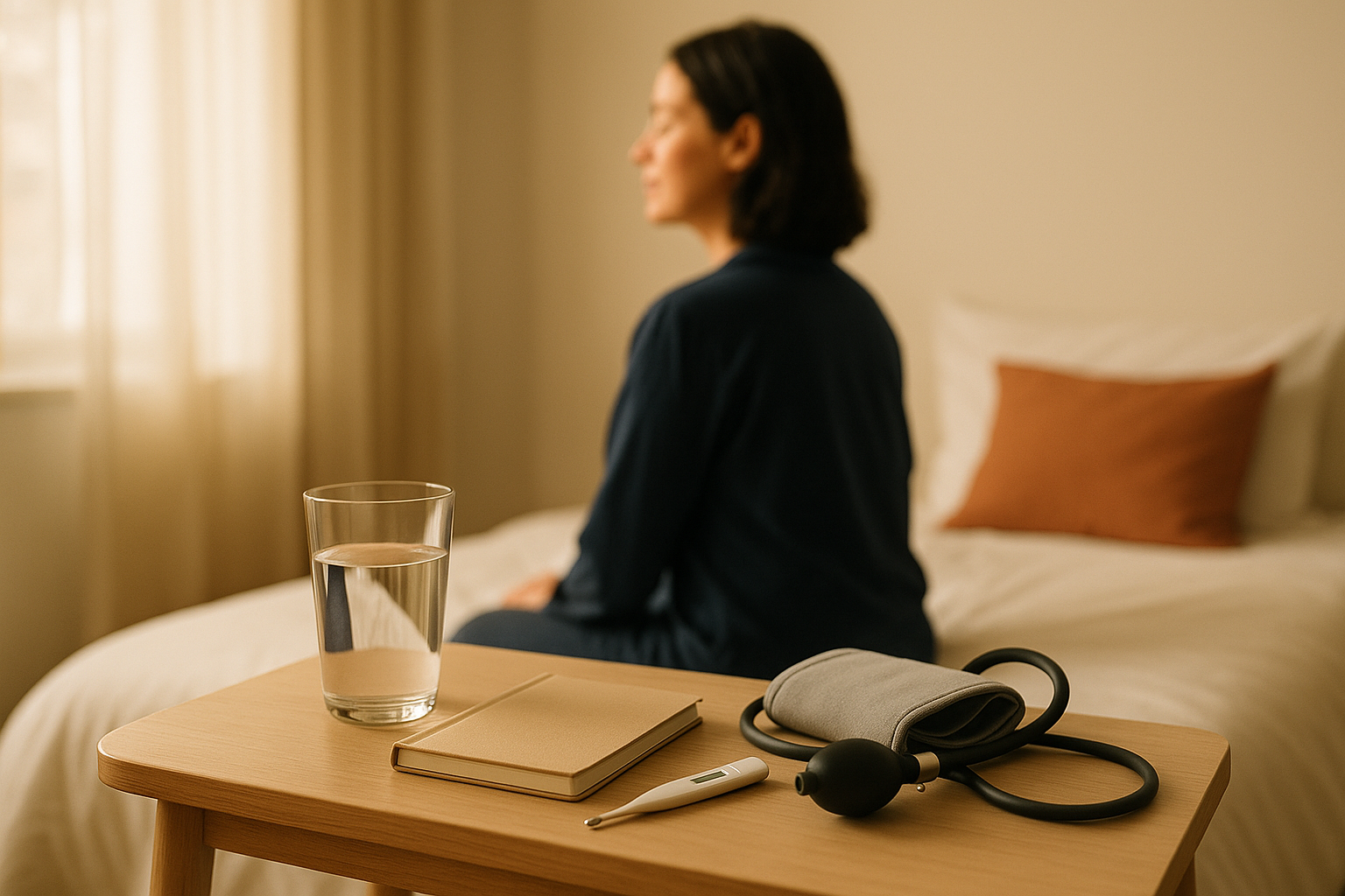 Mesa de noche minimalista con luz natural de mañana, vaso de agua transparente, libreta de salud y equipo médico básico (brazalete de presión, termómetro) sobre superficie de madera clara; persona en la cama de fondo desenfocada; paleta cálida con tonos crema, navy y terracota; fotografía editorial de bienestar en casa mexicana, sin texto ni marcas