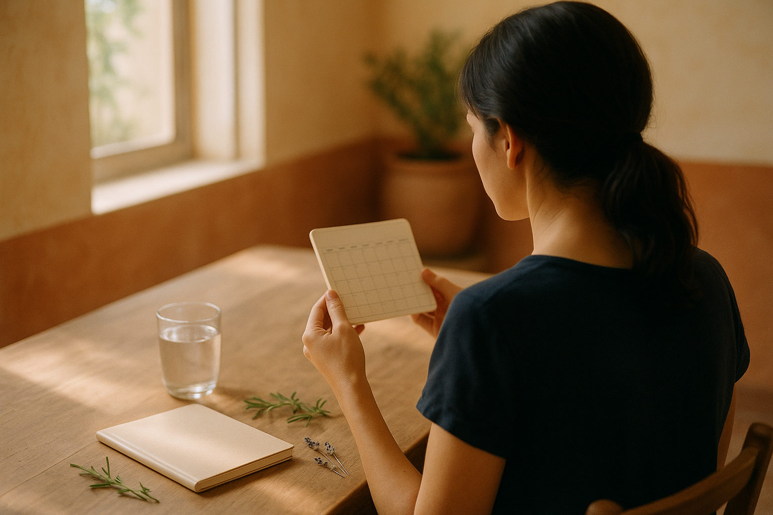 Mujer de espaldas en una mesa de madera observando un calendario de ciclo menstrual mientras toma agua en la mañana, con luz natural cálida que entra por la ventana de su hogar mexicano. La escena muestra un ambiente sereno de bienestar donde se registran cambios hormonales y ciclos corporales.