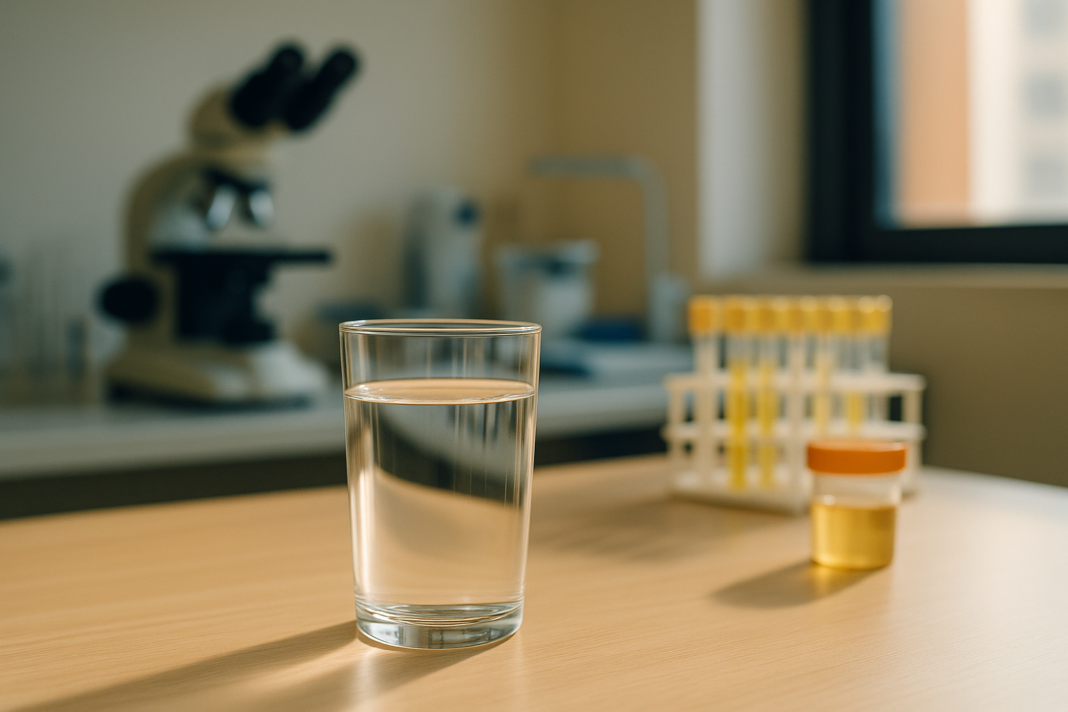 Mesa de madera clara con un vaso de agua cristalina bajo luz natural matutina, composición editorial minimalista con enfoque en bienestar renal, fondo desenfocado de laboratorio médico, tonos crema, azul marino y terracota, sin textos ni logos