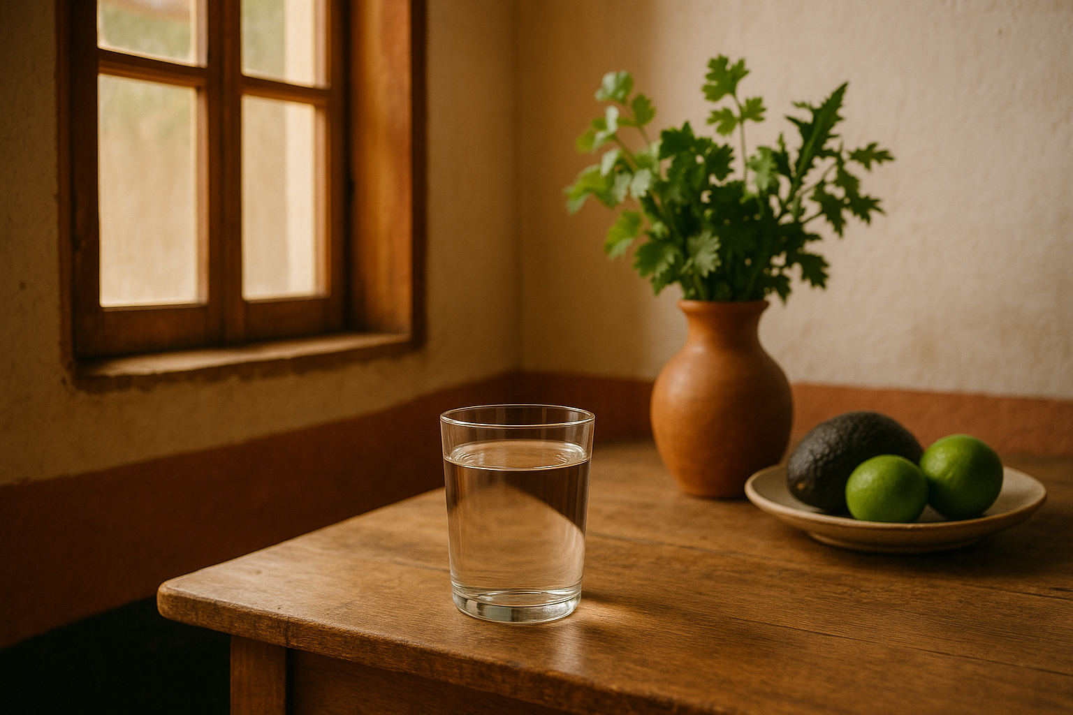 Escena matutina mexicana con vaso de agua cristalina sobre mesa de madera rústica, luz natural cálida del amanecer, acompañado de hierbas aromáticas frescas y frutas mexicanas tradicionales. Composición editorial de bienestar e hidratación, tonos crema y terracota con profundidad de campo suave.