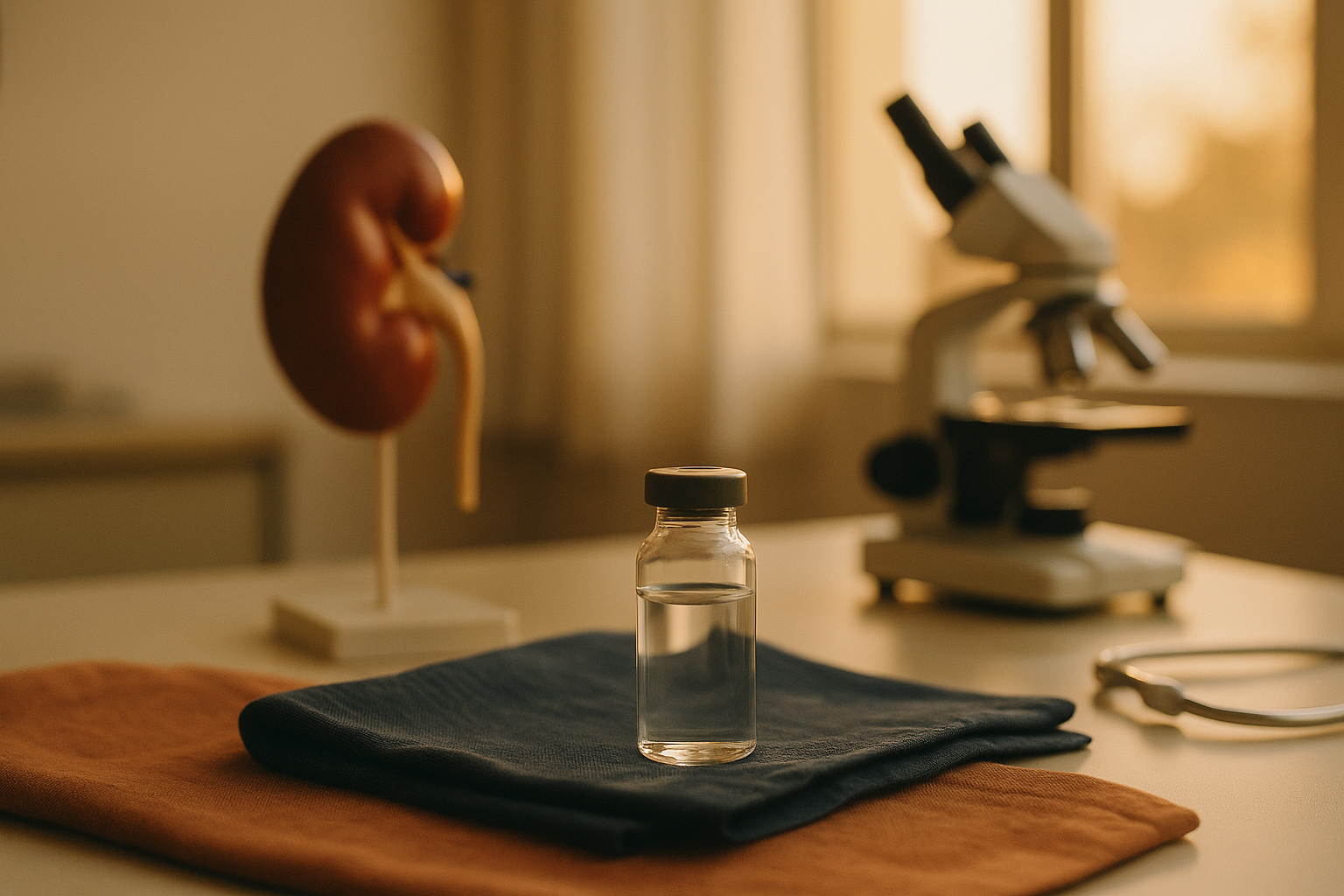 Fotografía editorial y realista de una escena matutina en laboratorio con enfoque en salud renal, luz natural cálida entrando por ventana, frasco de vidrio con líquido transparente sobre escritorio minimalista con textiles en tonos navy y terracota, equipo médico desenfocado al fondo, composición con profundidad suave, estética de bienestar mexicana con tonos crema y tierra naturales