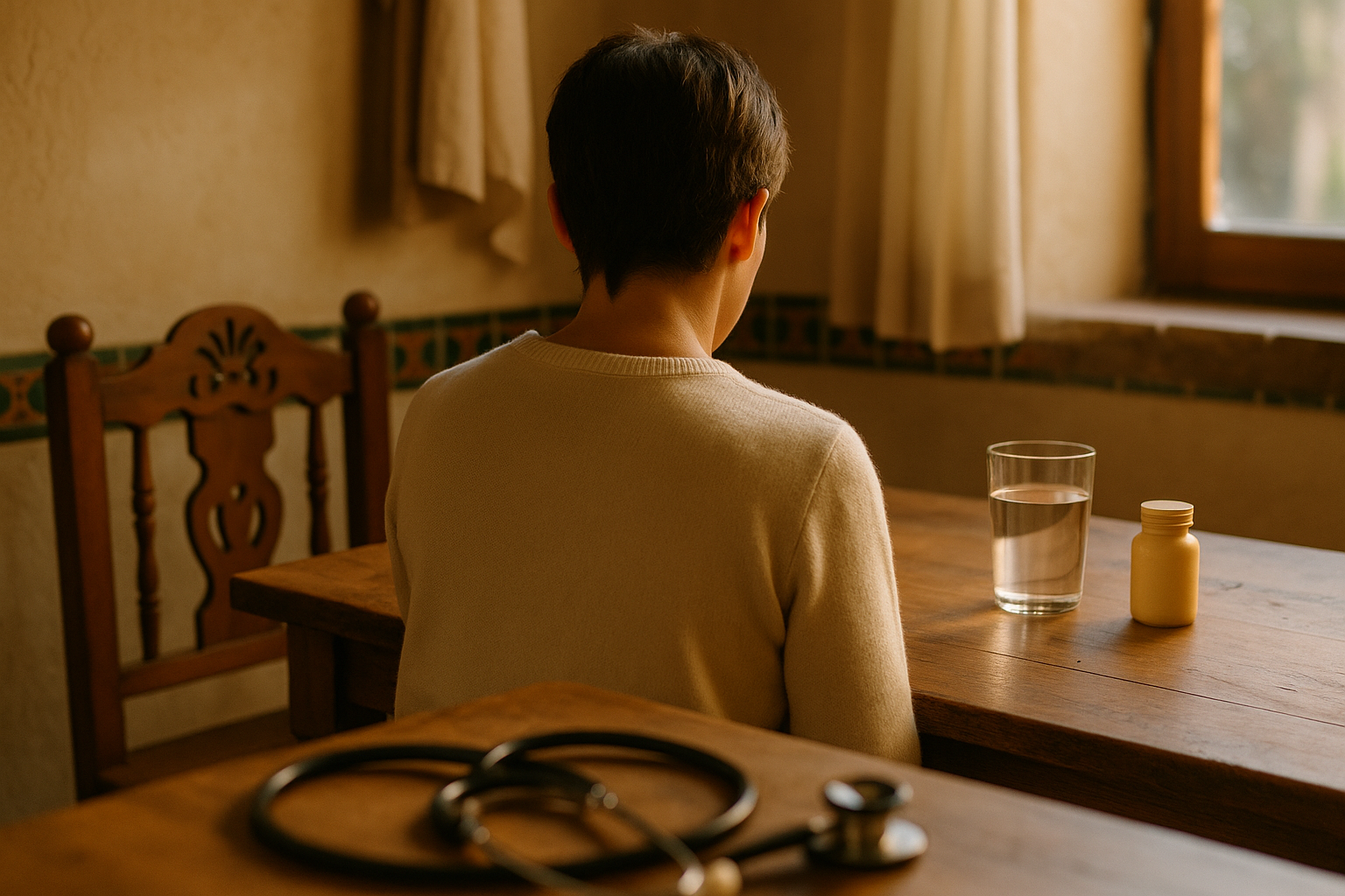 Persona de espaldas sentada en una mesa de madera con luz natural de mañana, vaso de agua en primer plano suave, ambiente cálido y hogareño con tonos crema y navy, evocando cuidado y bienestar cardiaco, estilo editorial de salud mexicana, composición serena y empática