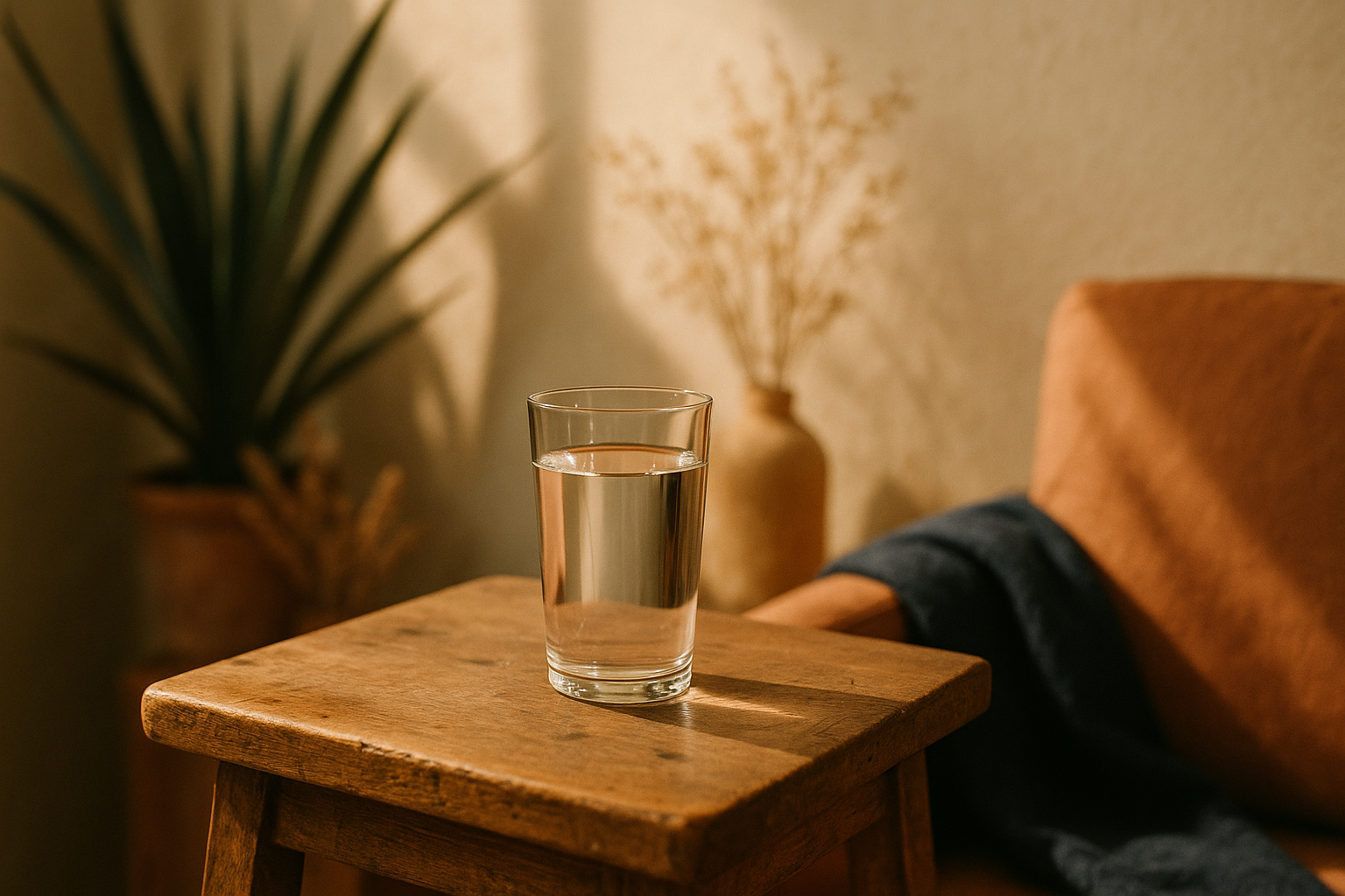 Mujer mexicana sentada en la cocina de su casa bebiendo un vaso con suero oral, luz cálida de mañana