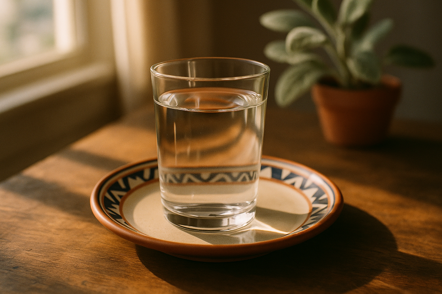 Fotografía editorial de un vaso de agua mineral cristalina sobre un plato de cerámica mexicana con patrones geométricos en tonos crema y navy, bañado por luz natural matutina que entra por la ventana. La composición minimalista transmite equilibrio y bienestar, con elementos botanales difuminados de fondo sugiriendo el rol del cloro en la regulación de electrolitos. Tonos cálidos de terracota, grises neutros y azules profundos crean una atmósfera serena y profesional, perfecta para contenido de salud y nutrición con enfoque mexicano.