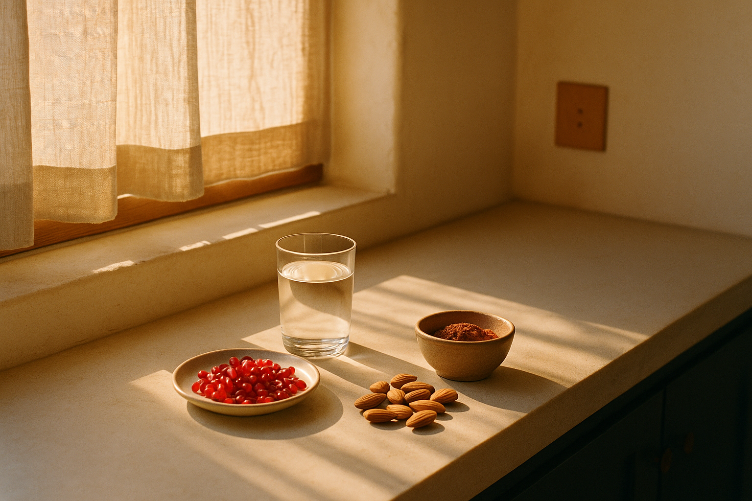 Escena matutina en cocina mexicana minimalista: vaso de agua cristalina junto a ingredientes ricos en cobre como semillas de granada, almendras y cacao crudo, iluminados por luz natural tibia de mañana. Composición editorial con sombras suaves, tonos crema y navy, profundidad de campo reducida, ambiente sereno de bienestar holístico sin presencia de manos.