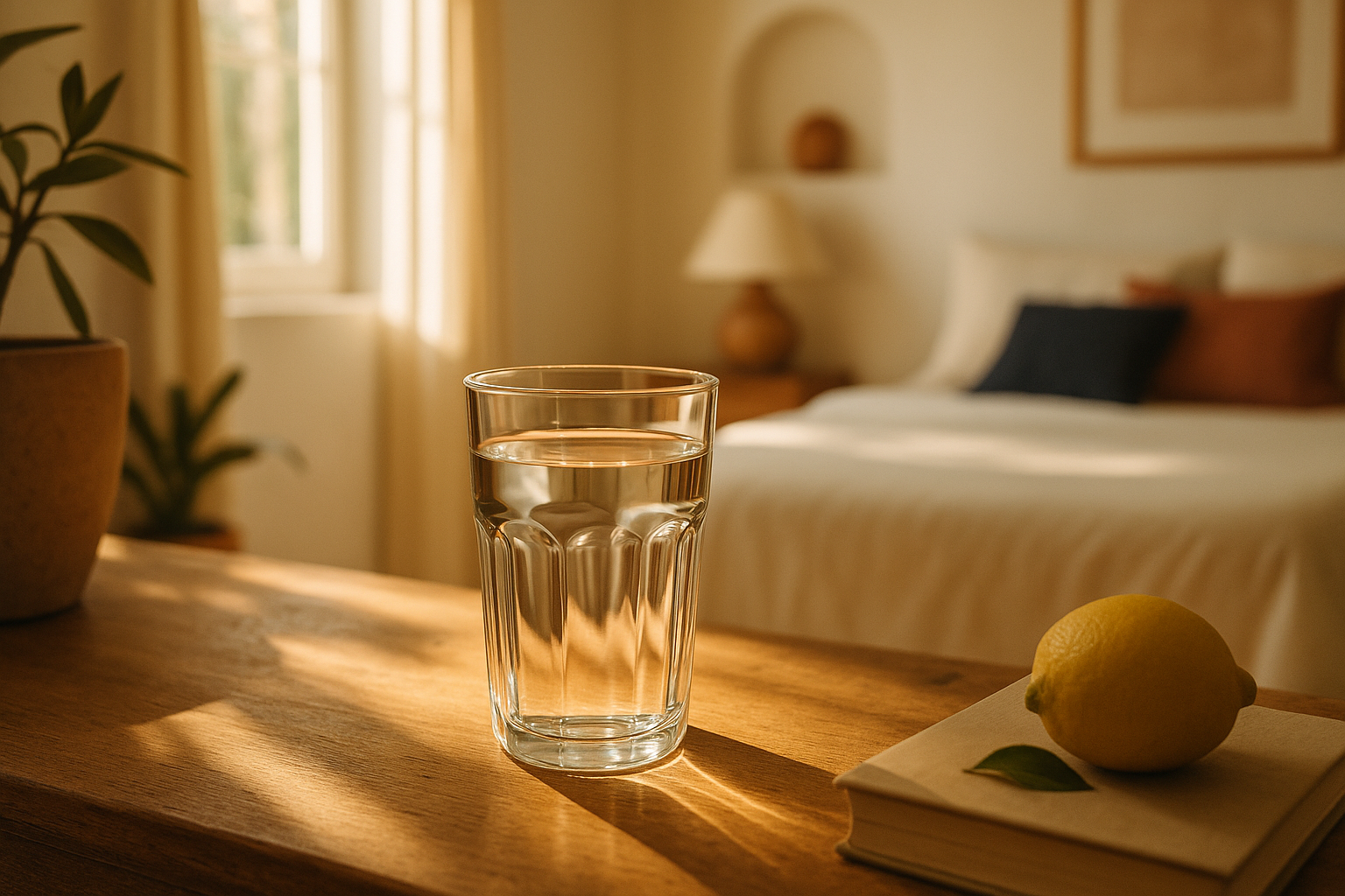 Escena matutina cálida en interior mexicano moderno: vaso de agua cristalina iluminado por luz natural de mañana sobre superficie de madera, con ambiente desenfocado de dormitorio en tonos crema, navy y terracota. Fotografía editorial que evoca energía vital y bienestar natural sin personas ni texto.
