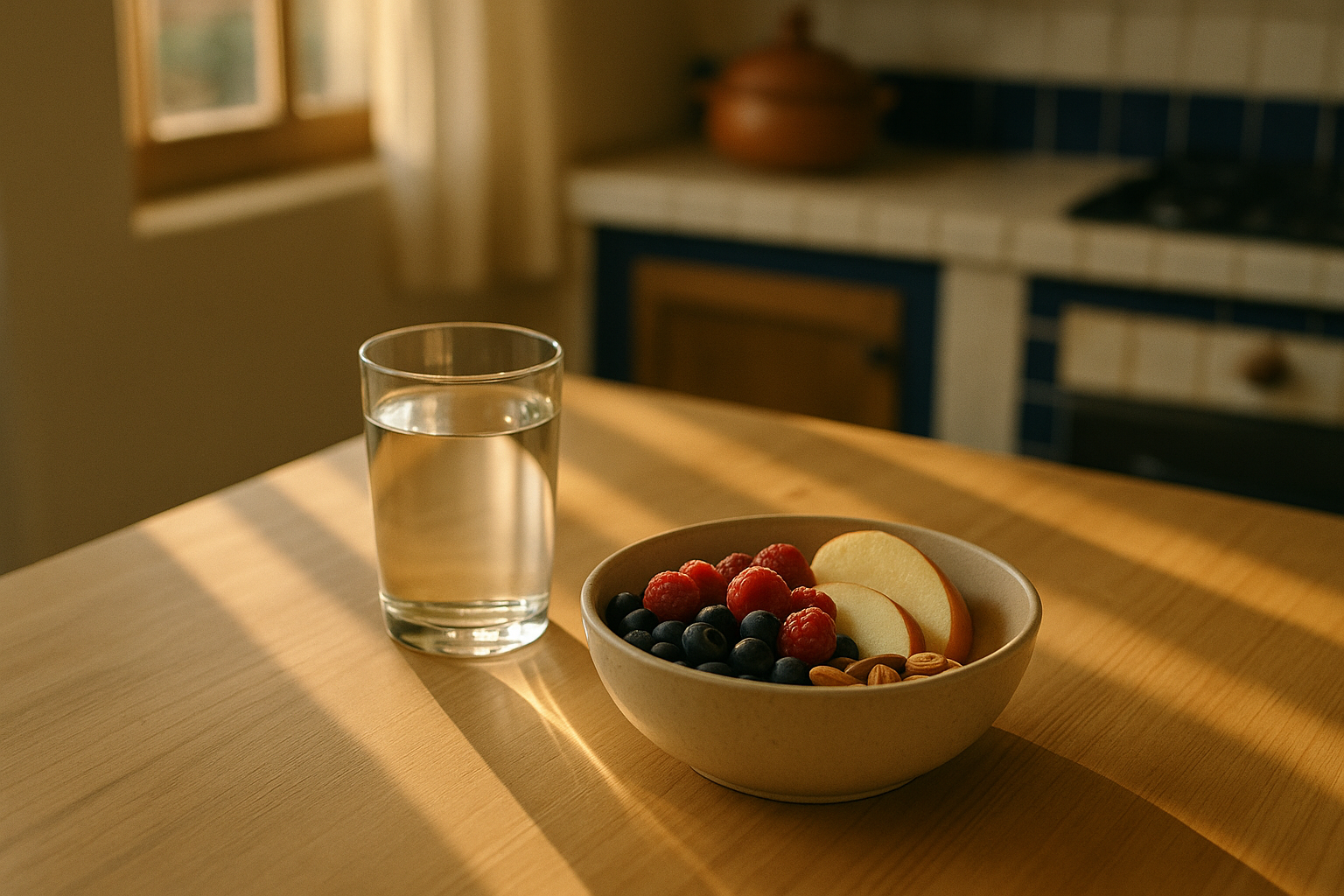 Mesa de madera con luz natural matutina, vaso de agua cristalina junto a frutas frescas, almendras y bayas en un tazón de cerámica terracota. Fondo desenfocado de cocina mexicana acogedora con tonos crema y azul marino. Composición editorial minimalista que evoca bienestar y salud cardiovascular, sin personas ni texto.
