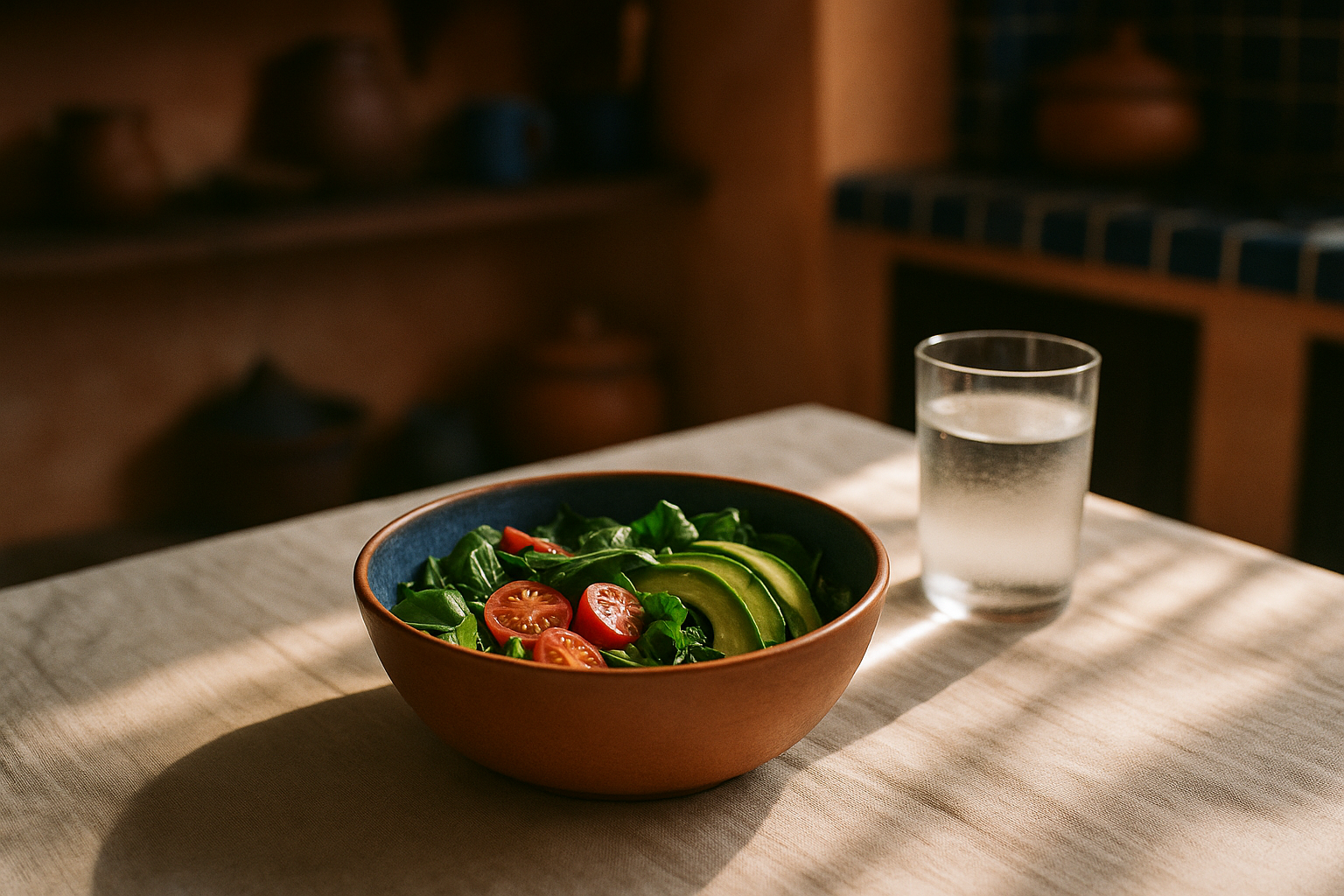 Fotografía editorial de una escena matutina de bienestar: tazón de cerámica con ensalada fresca de verduras mexicanas sobre mantel de lino natural, luz solar suave de la mañana, vaso de agua limpia, tonos terracota y azul marino, composición aérea con profundidad de campo suave, estética de salud cardiovascular y nutrición mexicana auténtica