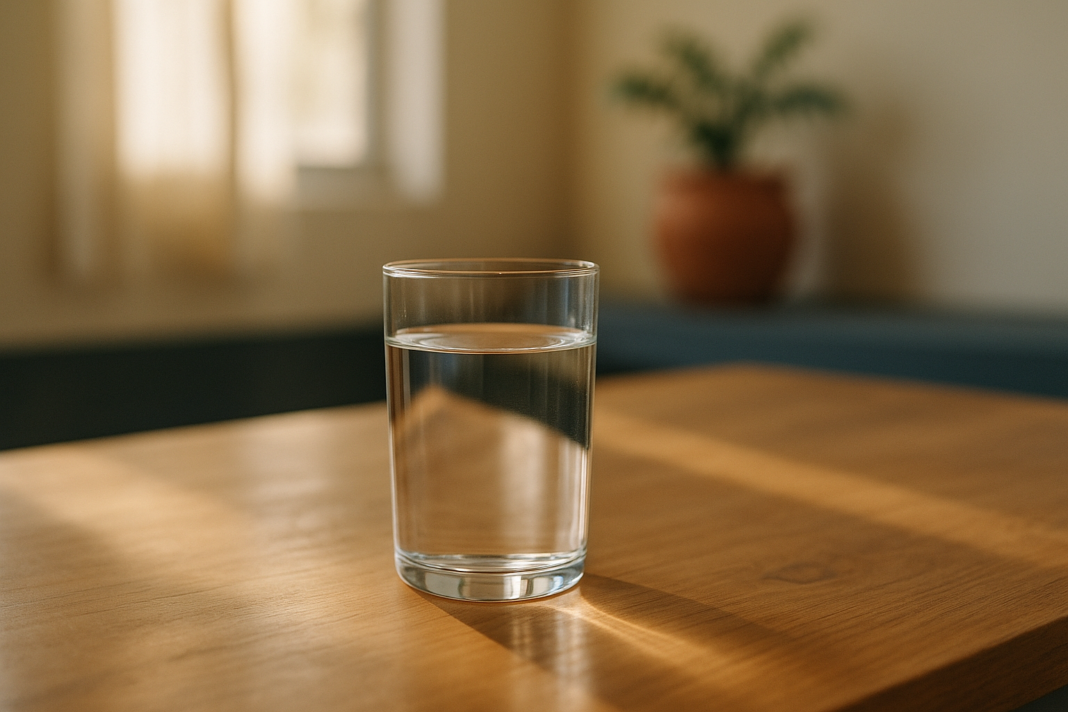 Fotografía editorial realista de una escena matutina de bienestar: vaso transparente lleno de agua pura sobre mesa de madera cálida, bañado por luz natural suave de mañana que crea sombras delicadas. Fondo desenfocado con detalles de hogar mexicano minimalista en tonos crema y azul marino. Profundidad de campo suave, composición serena y saludable sin aspecto clínico frío.