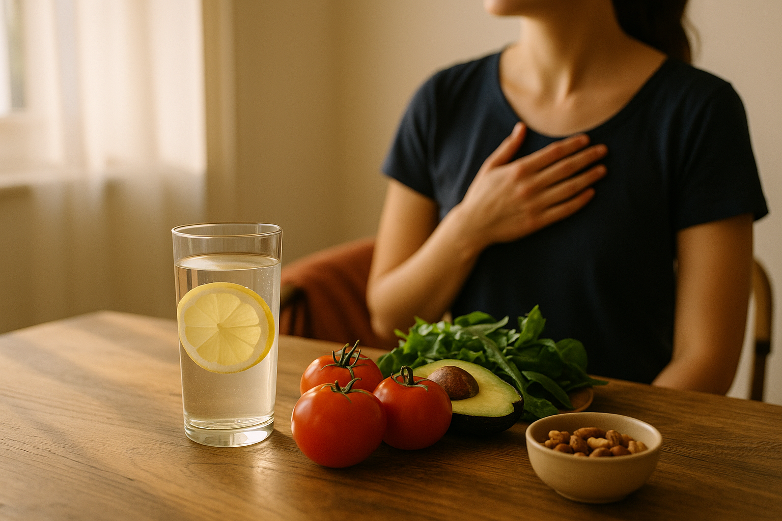 Fotografía editorial realista de una mesa de desayuno saludable en la luz dorada de la mañana, con un vaso de agua con limón, verduras frescas y frutos secos sobre madera natural, tonos crema y navy, atmósfera de bienestar mexicano sin gestos exagerados de manos