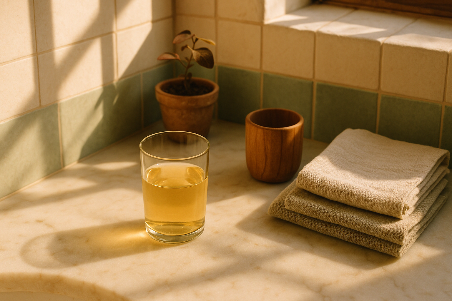 Escena matutina de baño minimalista: vaso de vidrio transparente con orina clara sobre mármol blanco, junto a elementos naturales y plantas, bañados por luz dorada del amanecer que entra por la ventana. Toallas de lino crema, tonos terracota y azul marino. Composición editorial sin rostros ni manos, evocando la salud holística mexicana.